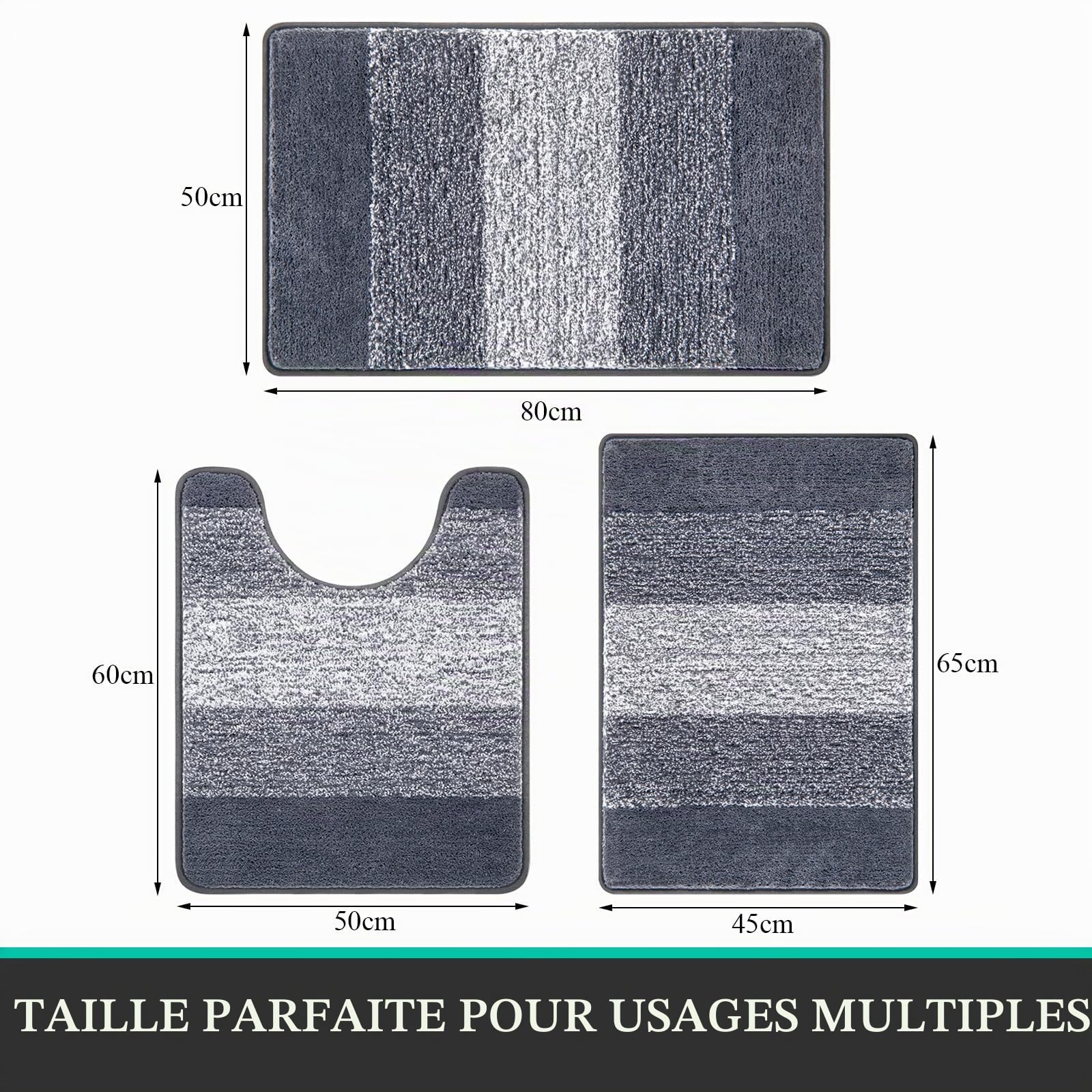 Enyhom Lot de 3 Tapis de Bain Antidérapant, Tapis Salle de Bain Absorbant, Microfibre et Moelleux, Ensemble Tapis de Douche Lavable en Machine, Extra Epais Tapis WC Contour pour Toilette, Baignoire