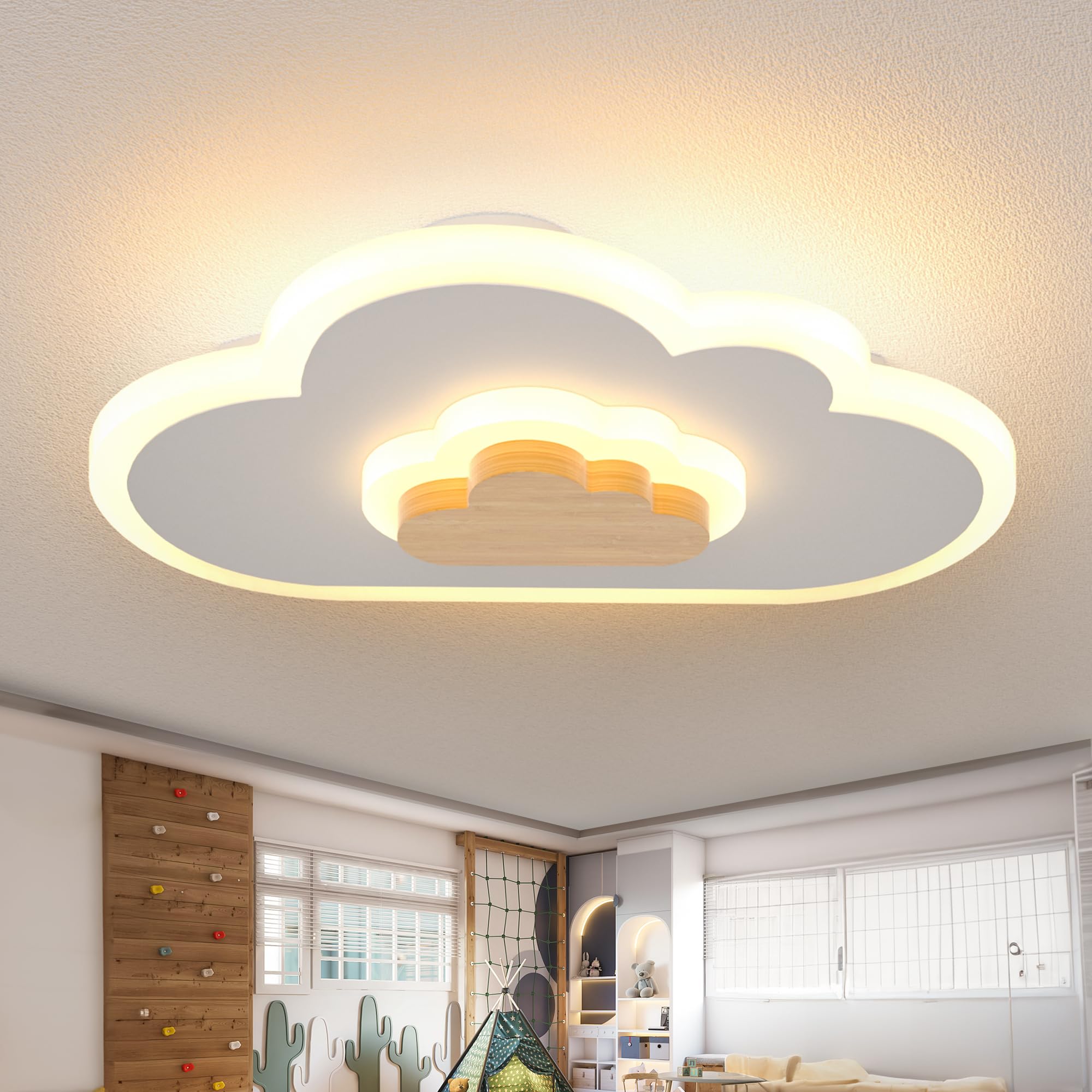 AOEH LED Deckenleuchte Schlafzimmer Kinderzimmerlampe Deckenlampe Deckenleuchte für Kinder Wolken deckenleuchte Holz 50W Stufenloses Dimmen mit Fernbedienung Mit Nachtlichtfunktion,80cm