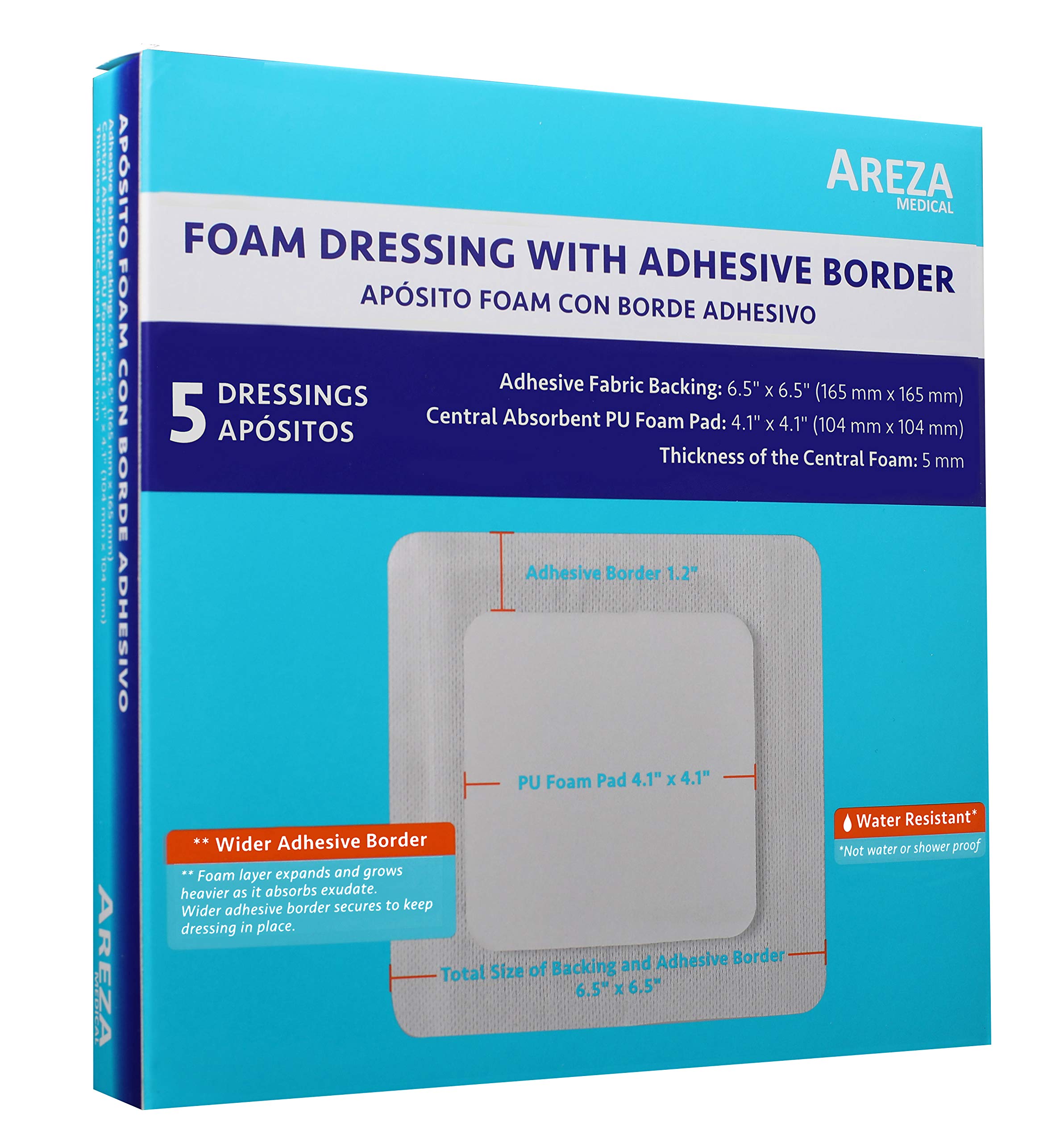 Areza MedicalFoam Wound Dressing with Adhesive Border 6.5" x 6.5" Central Foam: 4.1" x 4.1" Thickness 5 mm 5 per Box