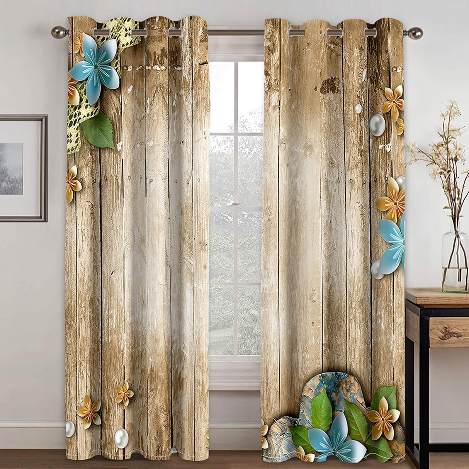 Wycian Scheibengardine Makramee Vorhang Fenster Khaki Blau Grün 2 Er Polyester Holzbrett mit Blumen- und Perlenmuster H244 X B214Cm für Schlafzimmer