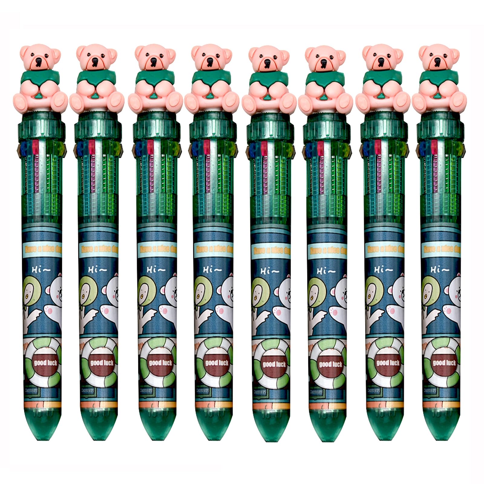 Lot de 8 stylos à bille rétractables 10 en 1 avec motif d'ours mignon de 0,7 mm, 10 couleurs, thème animal de dessin animé, fournitures de papeterie, cadeaux d'anniversaire