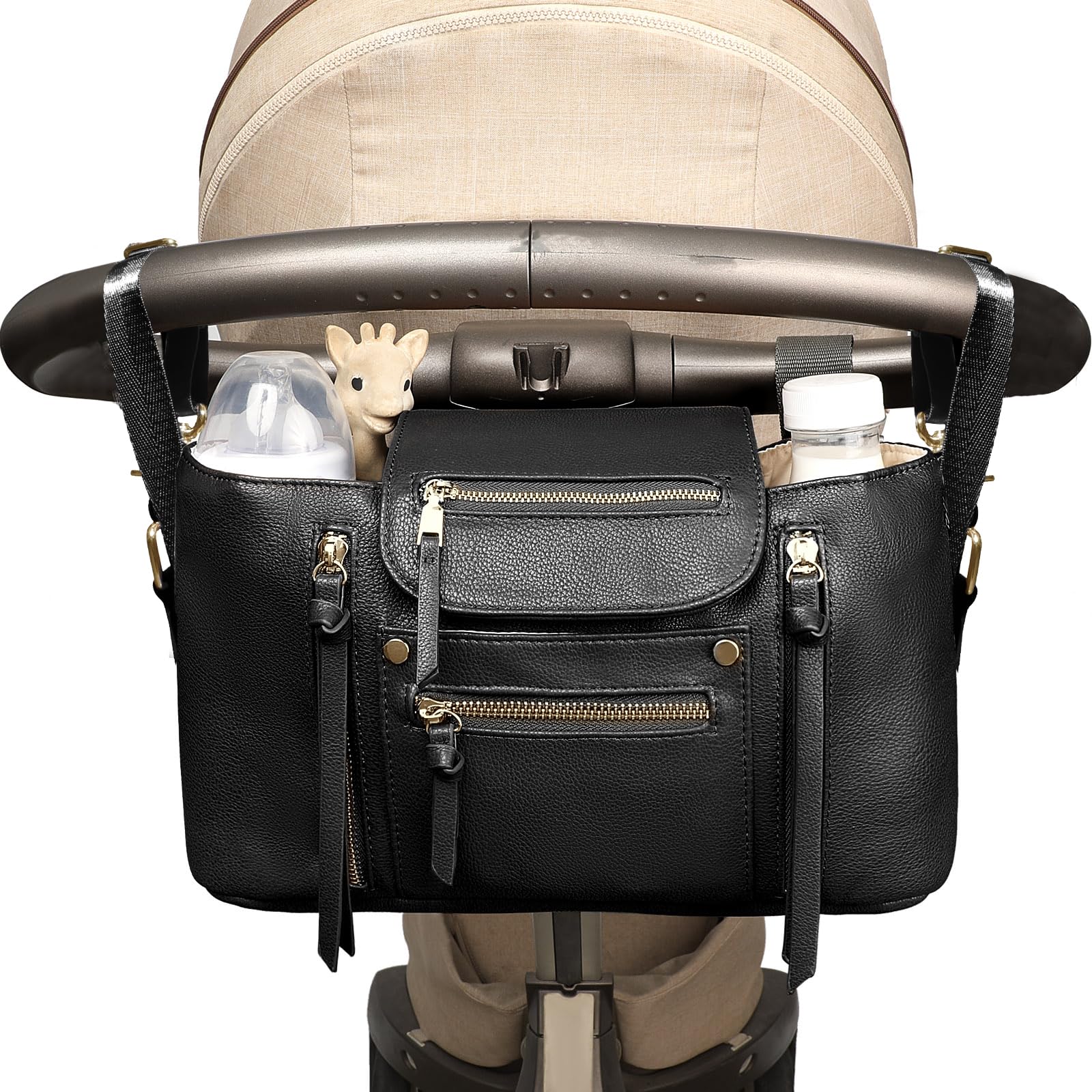 miss fong Kinderwagen-Organizer mit isoliertem Getränkehalter, Zubehörtasche, Kinderwagen-Caddy mit verstellbarem Riemen, passend für alle Kinderwagen (schwarz)