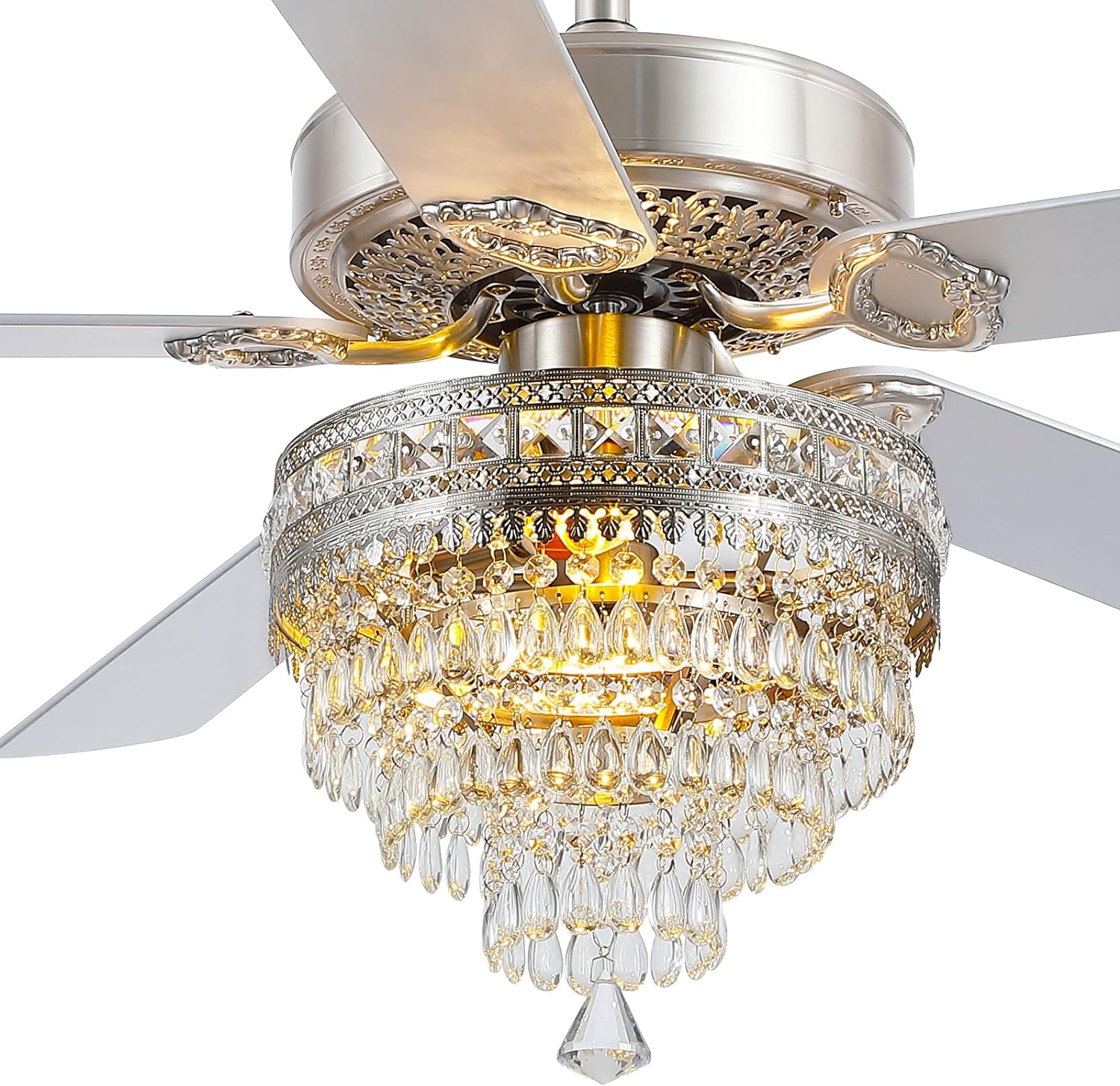 Asyko Crystal Ceiling Fan Fandelier with Lights and Remote Control?52" Modern Chandelier Ceiling Fans with Reversible Blades, Silent Motor?Fandelier Ceiling Fan with Light Chrome Silver-52IN