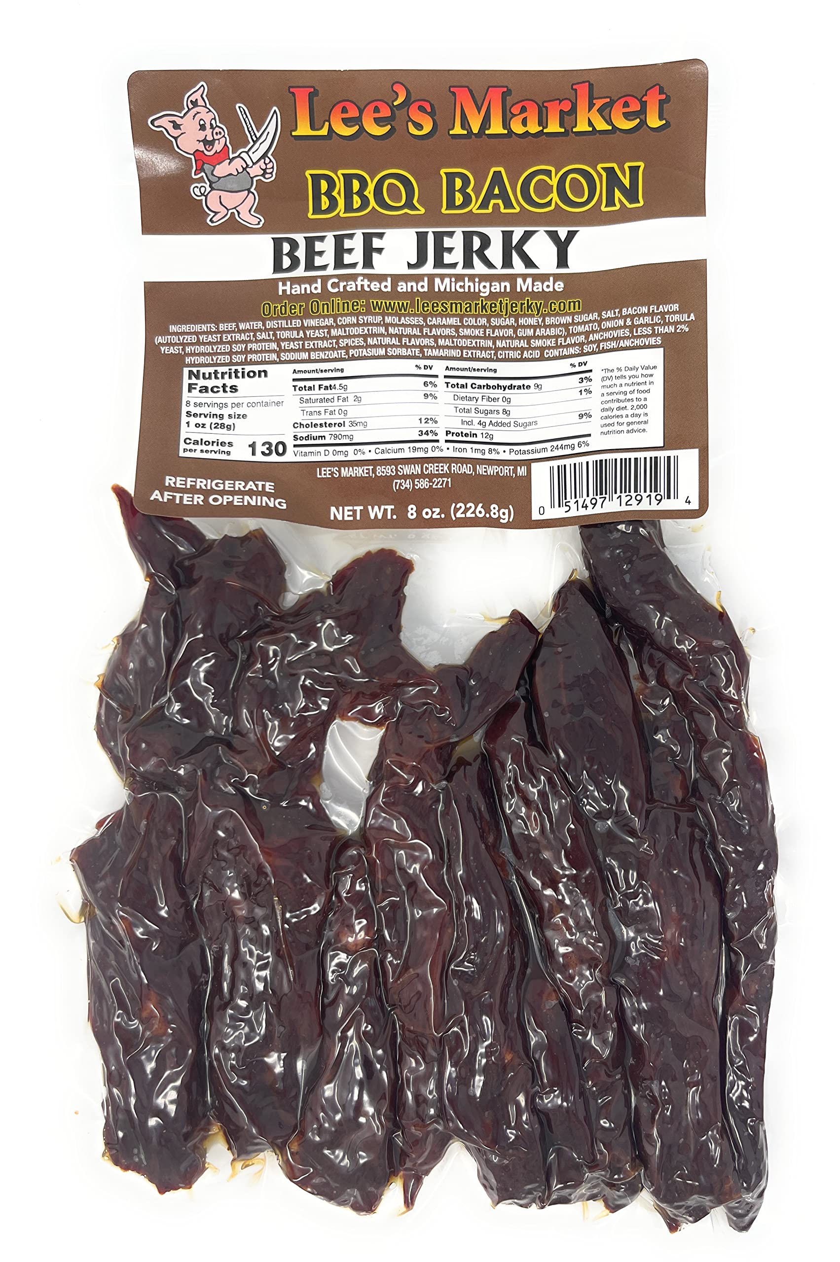 Lee's Market BBQ Bacon Beef Jerky - Soft & Tender - Healthy Low Carb, Gluten-Free Snack - Paleo & Keto-Friendly - Michigan Made Handcrafted Jerky -