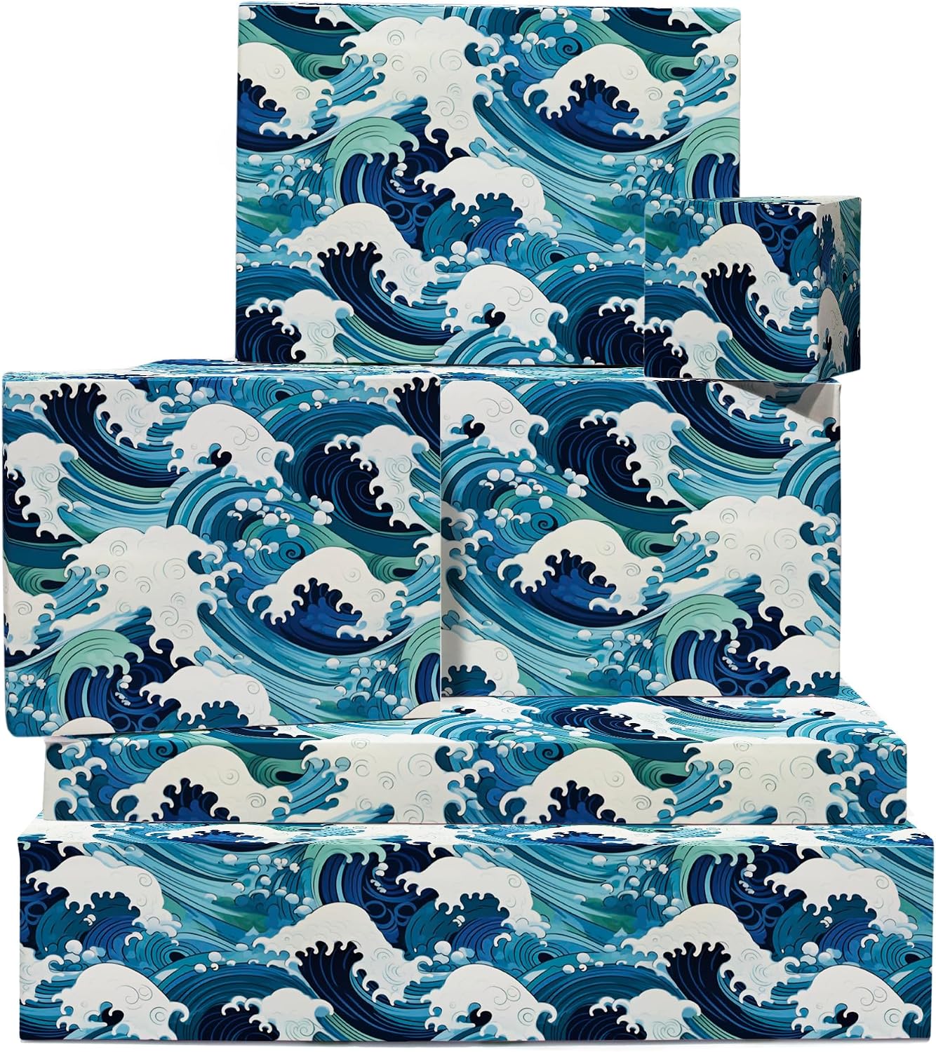 CENTRAL 23 Blue Wrapping Paper - 6 Sheets of Birthday Gift Wrap - Japanese Great Wave Inspired - Ocean Themed - For Kids Men Women - Recyclable