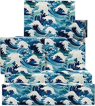 CENTRAL 23 Blue Wrapping Paper - 6 Sheets of Birthday Gift Wrap - Japanese Great Wave Inspired - Ocean Themed - For Kids Men Women - Recyclable