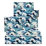 CENTRAL 23 Blue Wrapping Paper - 6 Sheets of Birthday Gift Wrap - Japanese Great Wave Inspired - Ocean Themed - For Kids Men Women - Recyclable