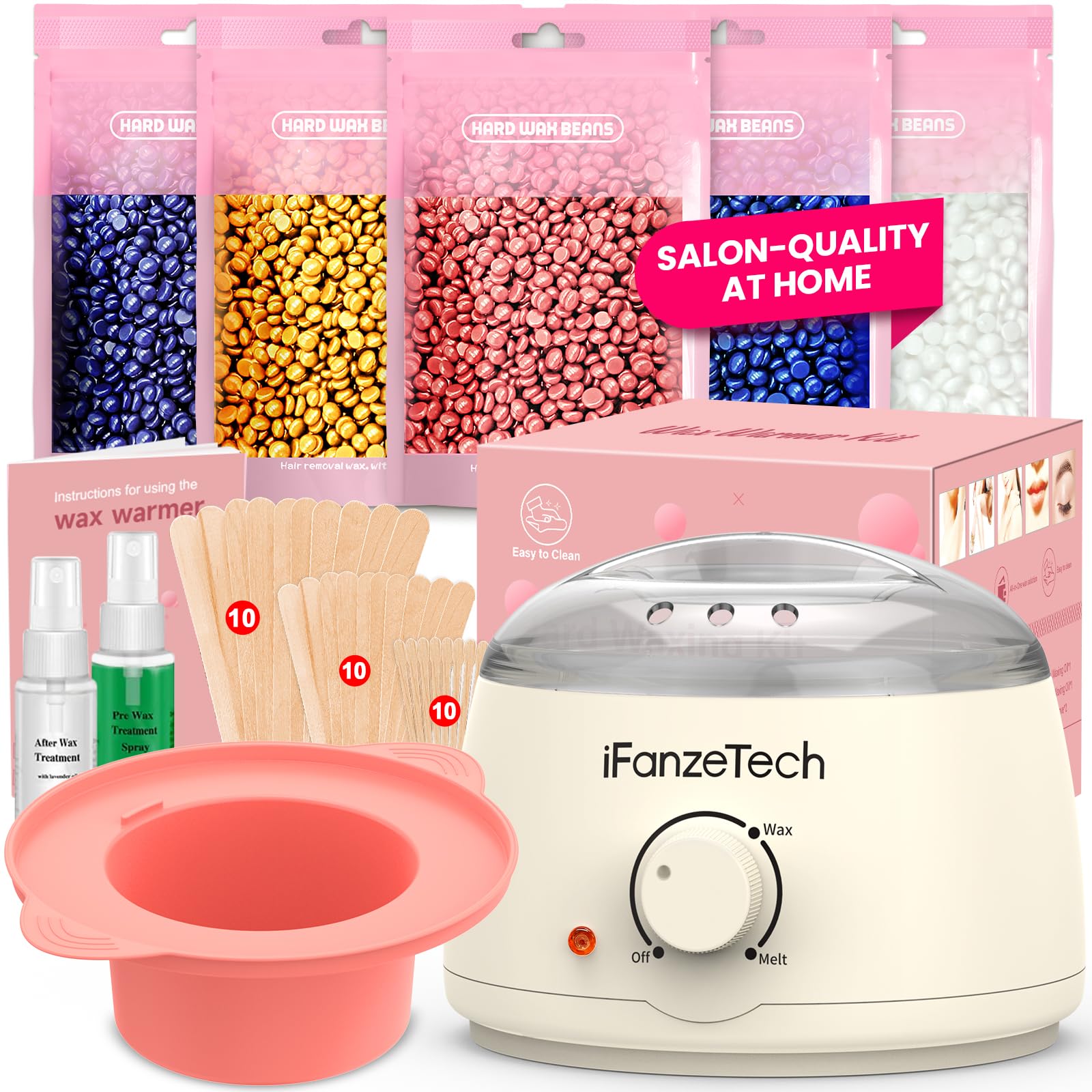 Chauffe Cire Epilation Kit épilation Cire: Inclure 500g Perle, 30 Spatules, 2 Huiles de Traitement et Silicone Bol, Facile Nettoyer Appareil Chauffe-cire Pour Corps Entier, Jambes,Visage, Sourcils