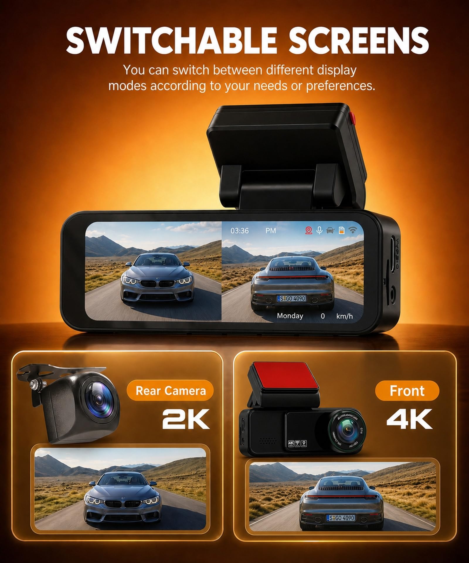 Rimoody Dashcam 4K con GPS, Doppia Telecamera Auto 3.16 Pollici, 4K Frontale + 2K Posteriore, Angolo 150°+120°, WiFi Dual-Band 2.4/5.8GHz, ADAS, Registrazione Ciclica, G-Sensor, Include Scheda 64GB