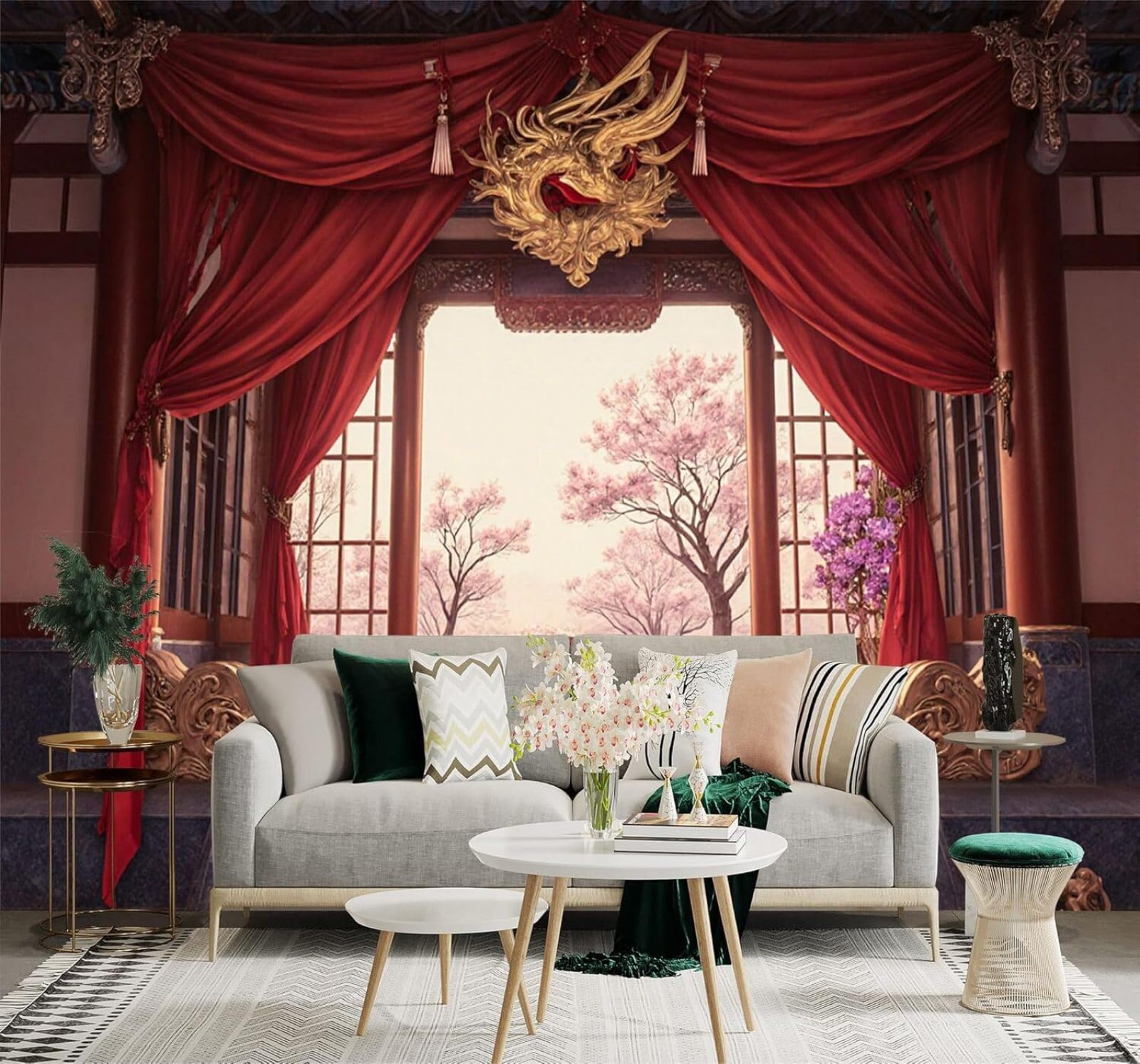 XLMING Classical Palace Style Red Curtains Cherry Blossoms Garden Scenery 3D Wallpaper Silky Texture Home Study Office Grey Dining Room Sofa Bedroom Living Room TV Backdrop-430cm×300cm