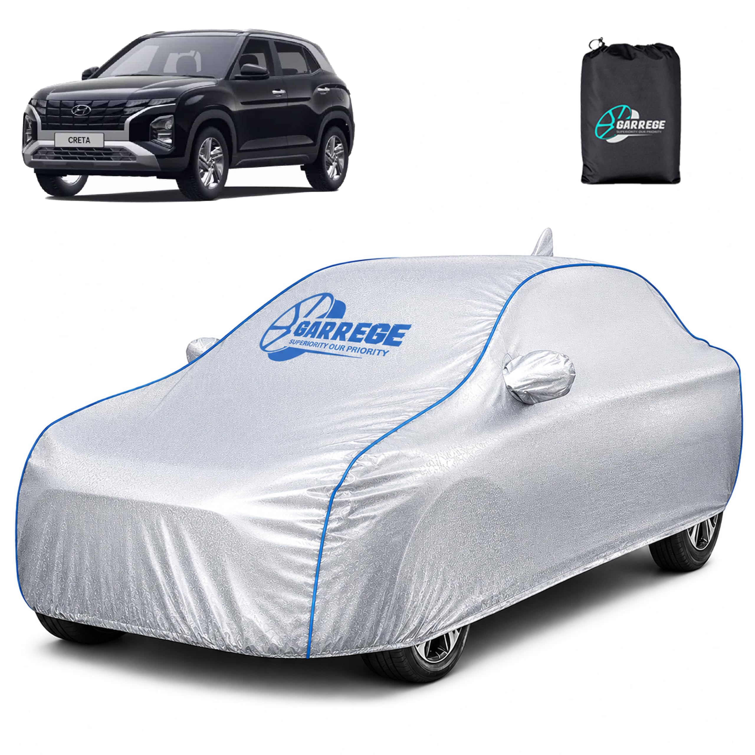 GARREGE®Metallic Silver Triple Coated Inner Soft Lining Cotton Waterproof Car Body Cover with Mirror Antena Pocket Blue Strap Style for Hyundai Creta,2021,2022,2023,2024 Cars (Box Printed Silver)-image-14
