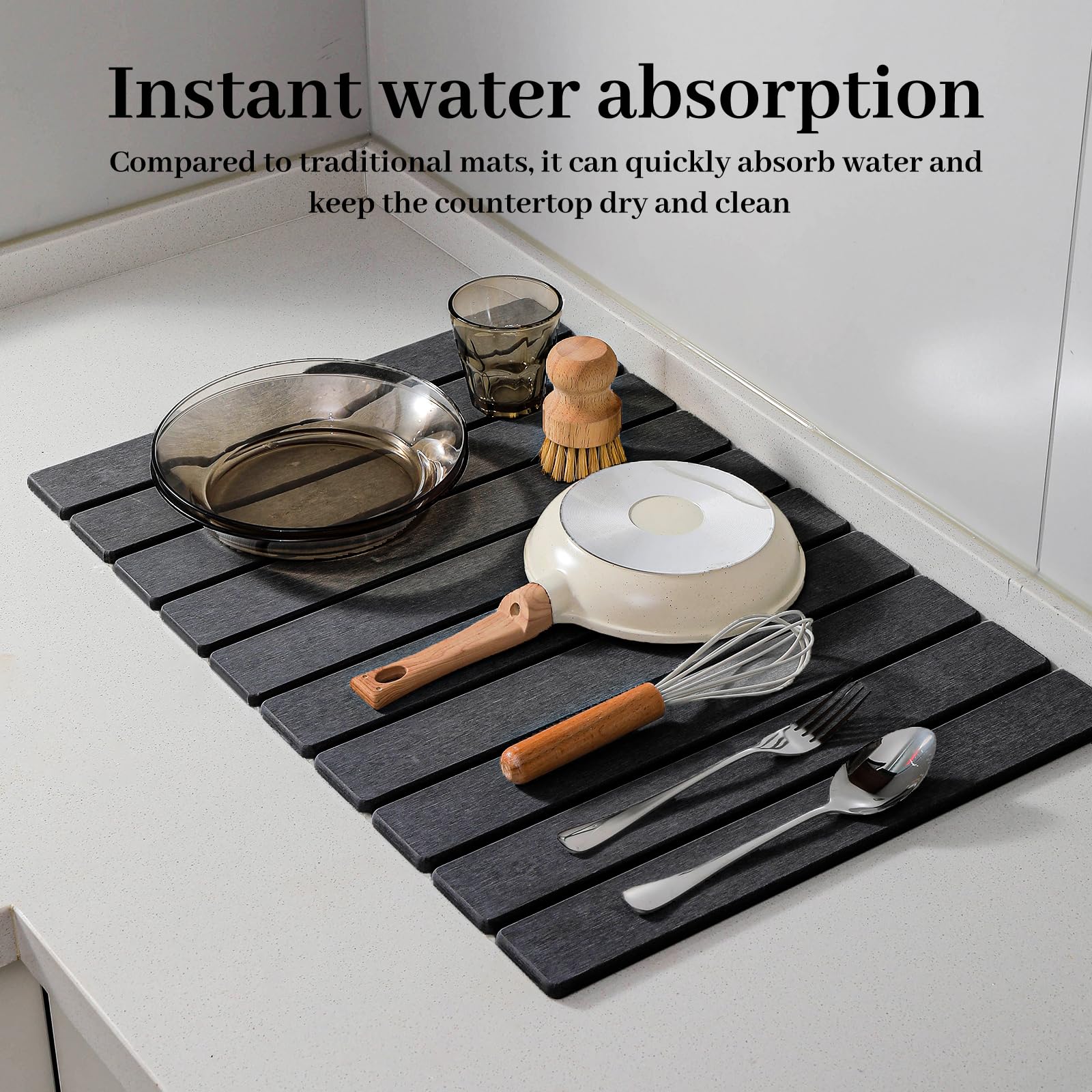 Large Stone Drying Mat for Kitchen Counter, 24''L x 16''W Diatomaceous Earth Collapsible Dish Drying Mat, Quick Drying Mat, Glasses and Flatware, Matches Any Countertop (Dark Gray, 24'' x 16'')