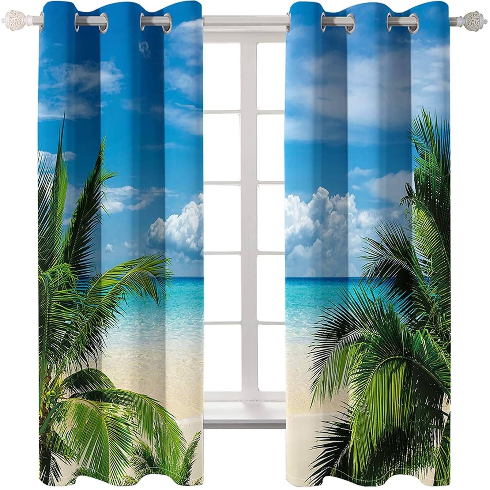 Zasłona okienna do sypialni, zielona palma niebieska zasłona zaciemniająca z widokiem na morze i plażę poliester zestaw 2 szt. 172 x 138 cm