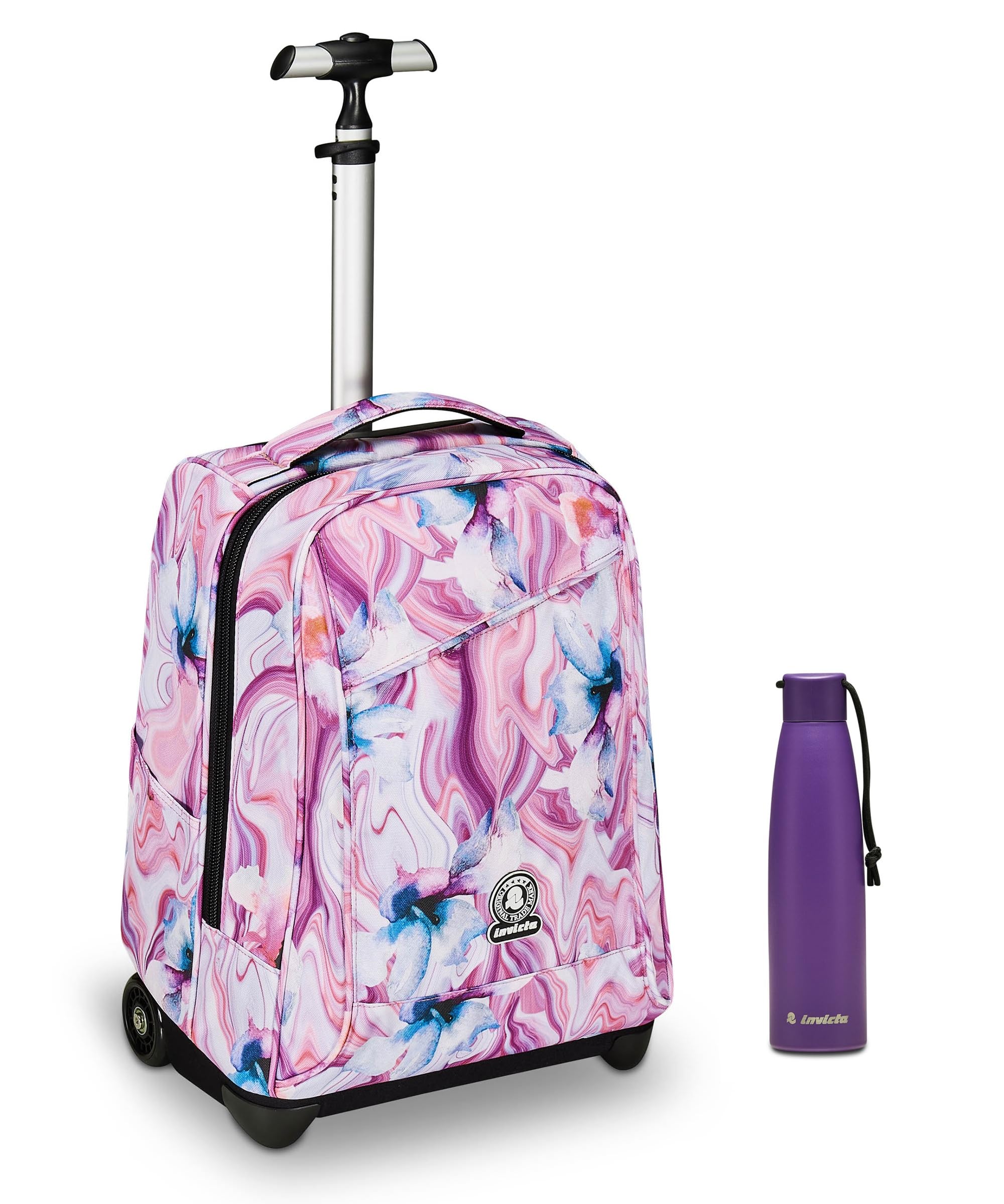 Invicta Trolley Scuola Benin Fantasy, Rosa e Viola, 2 in 1, Con Spallacci Uso Zaino, Tasca porta Borraccia e Porta Laptop, Scuola & Viaggio, Ragazzi Borraccia, Viola, Bor