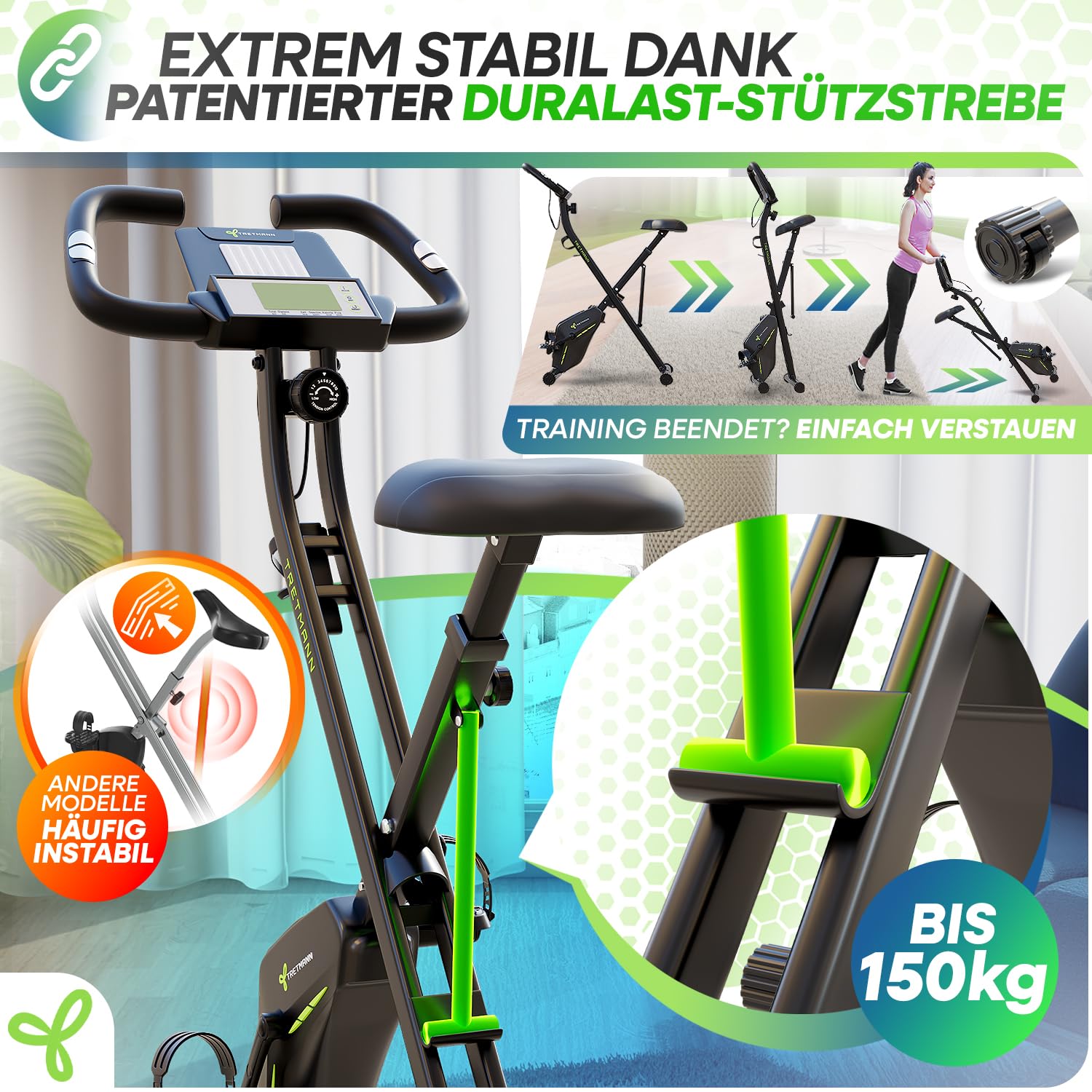Neu Tretmann Hometrainer fahrrad Klappbar Set-extra bequem & leise- [RelaxFoam] bis 150KG Belastbar Ergometer, Heimtrainer fahrrad, Ergometer Heimtrainer Senioren, Fitnessbikes