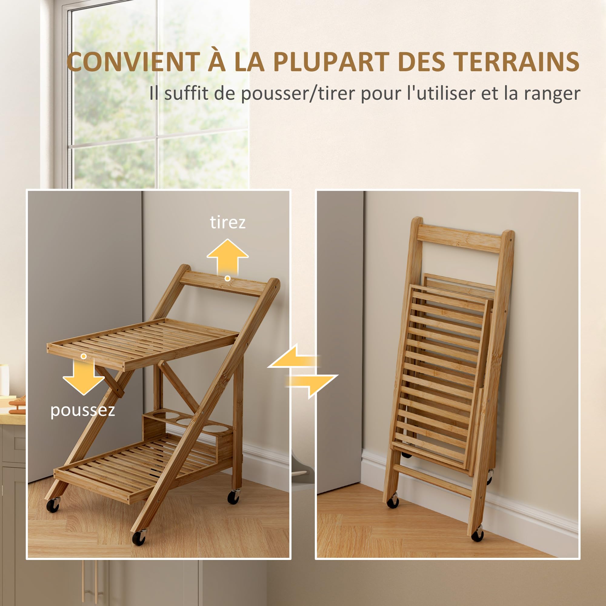 HOMCOM Desserte de Cuisine en Bambou, Chariot de Service Pliable, avec 2 Plateaux, 4 Roues, 3 casiers à vin, 66 x 40 x 70 cm, Bois Naturel