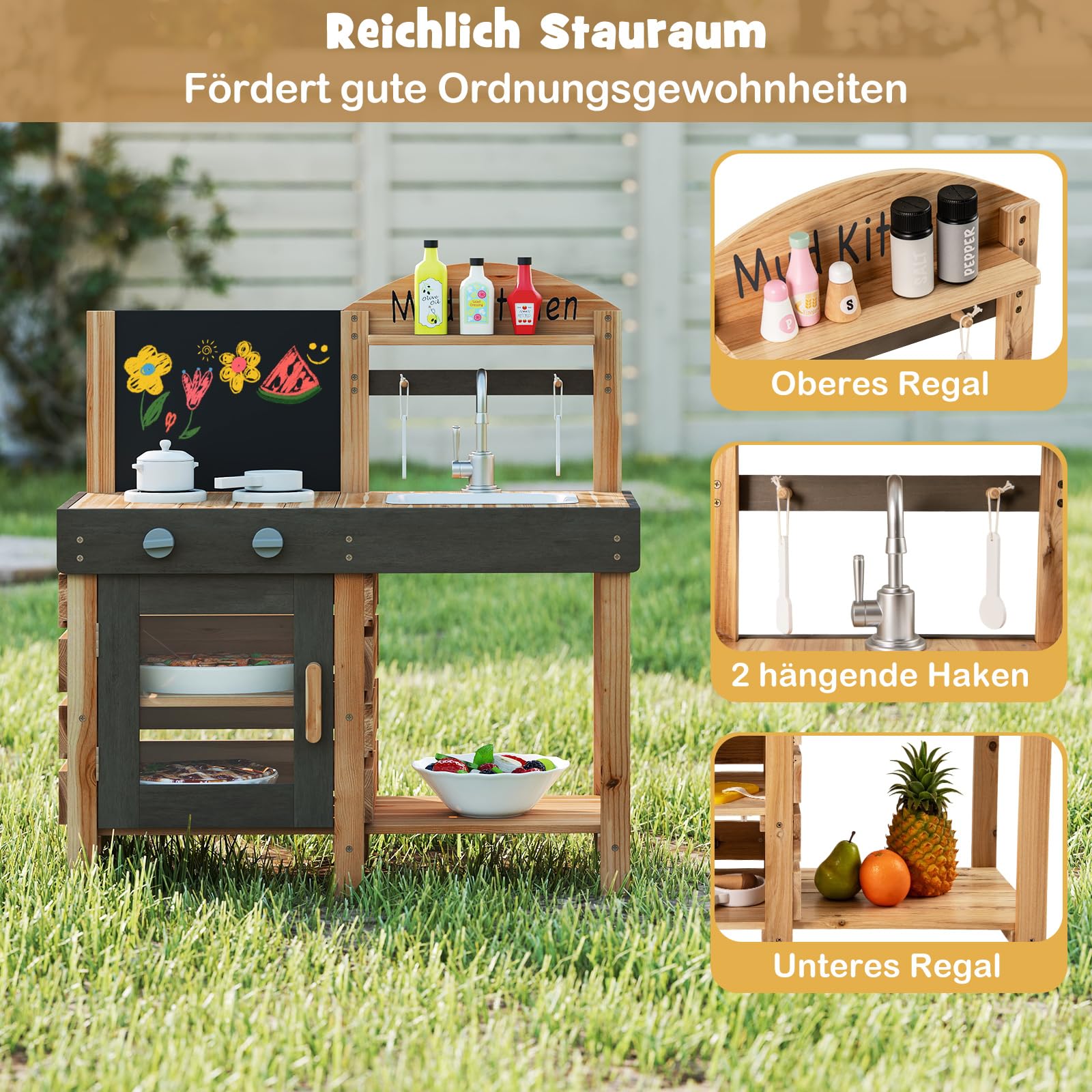 DREAMADE Matschküche Kinder Outdoor, Kinderküche aus Tannenholz mit Wasserhahn & Spüle & Tafel & Herd & Backofen, Spielküche mit 5 TLG. Zubehör, Outdoor Küche für Jungen & Mädchen ab 3 Jahren
