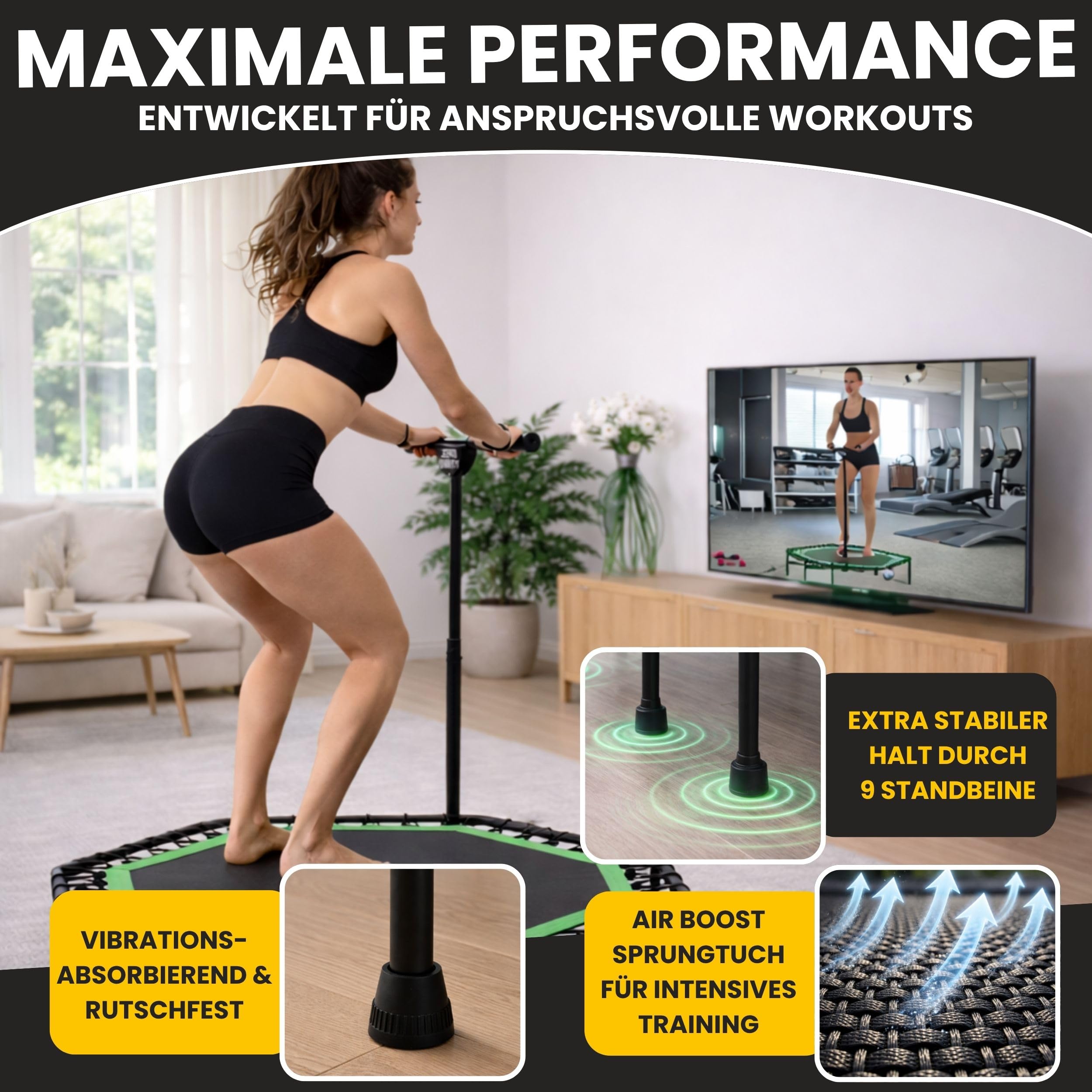 Zero Gravity Fitness Trampolin für Zuhause • Extra große Sprungfläche ideal für Jumping Fitness •Stabiles achteckiges Indoor Trampolin mit Haltegriff • Hochwertige Bungeeseilfederung • Bis 130 kg