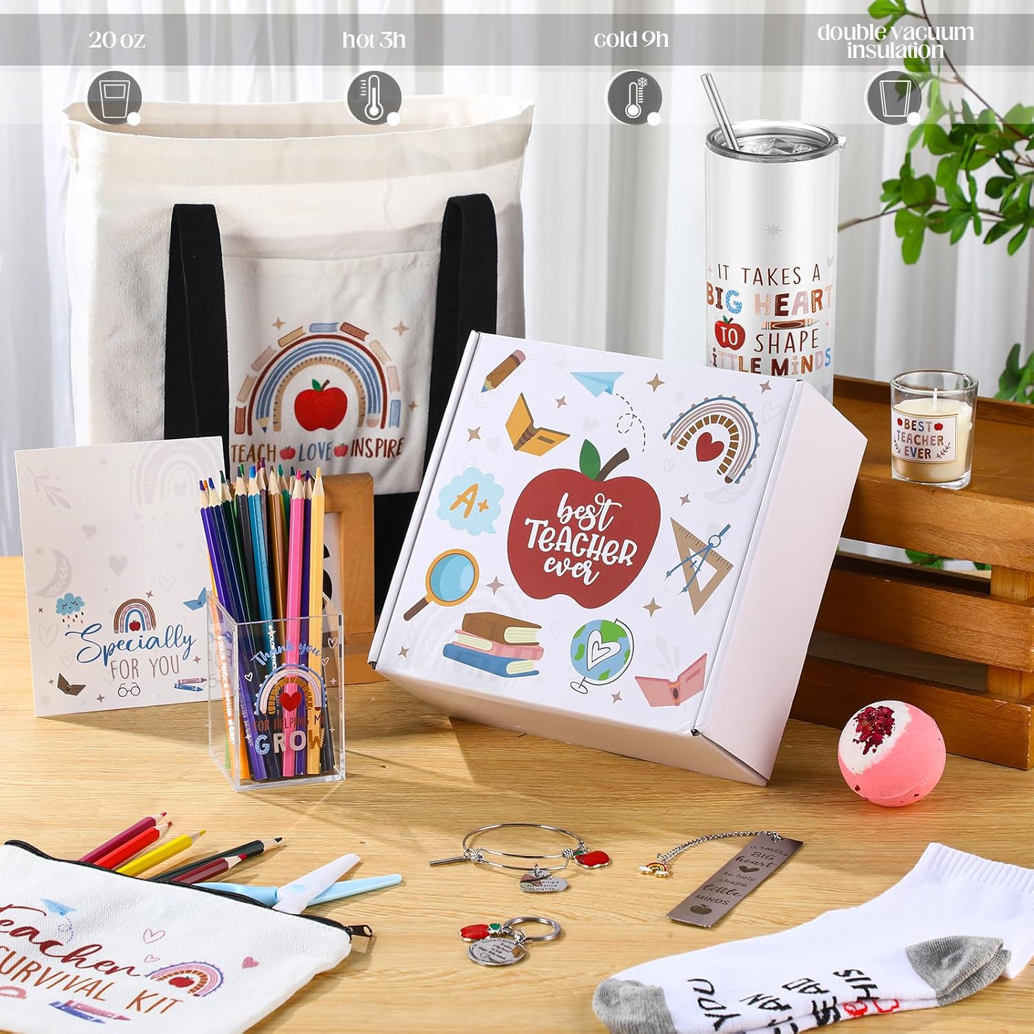 FoldTier Best Teacher Ever Gift Set: Classic Teacher Appreciation Gifts for Women; Includes Tumbler, Tote, Cosmetic Bag, Bracelet, Keychain, Bookmark, Candle, Socks, Pen Holder, Thank You Card