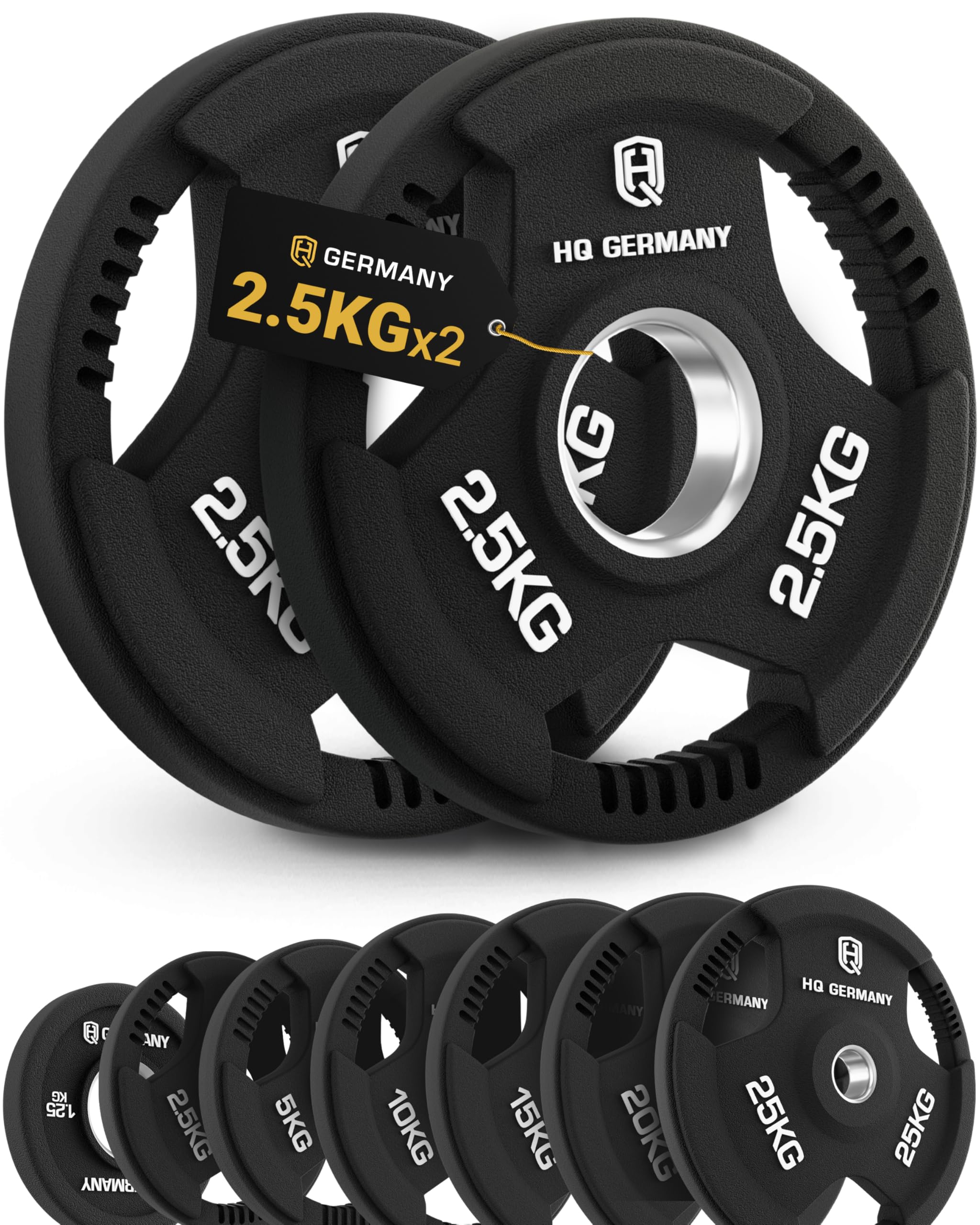HQ Germany® Hantelscheiben 50mm [Sets / 1.25-25kg] - Tri-Grip Bumper Plates - Hantelscheiben Set 50mm, Gewichtsscheiben, Gewichte für Hantel, Gewicht Weight Plates in Premium-Qualität