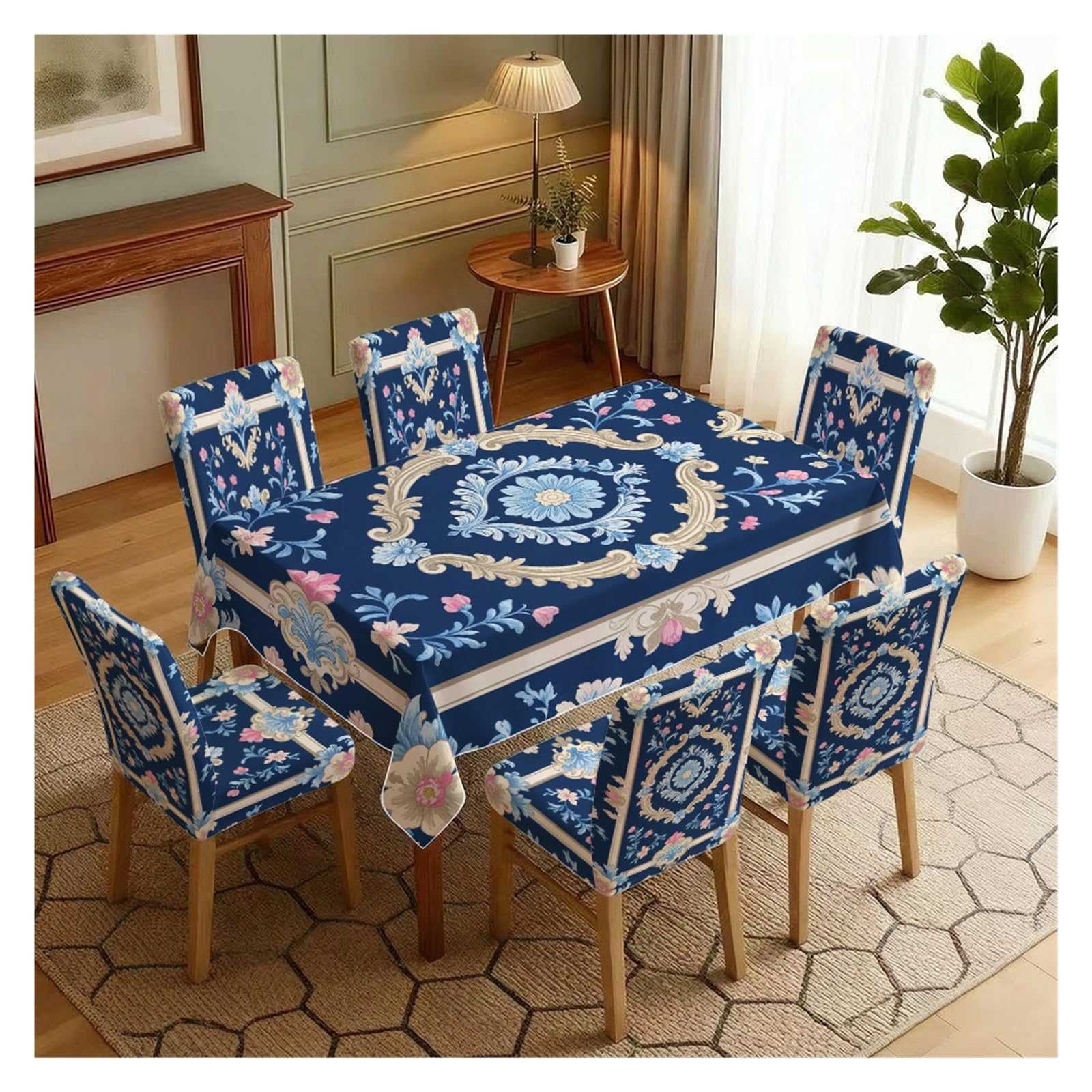 KXUAUV Navy Blue Baroque Floral Print Stretch Dining Chair Covers Tablecloth Set, For Kitchen Dining Living Room Farmhouse Decor, 5/7 Pack Party Decor(7pcs Set: Tablecloth+Chair Covers)