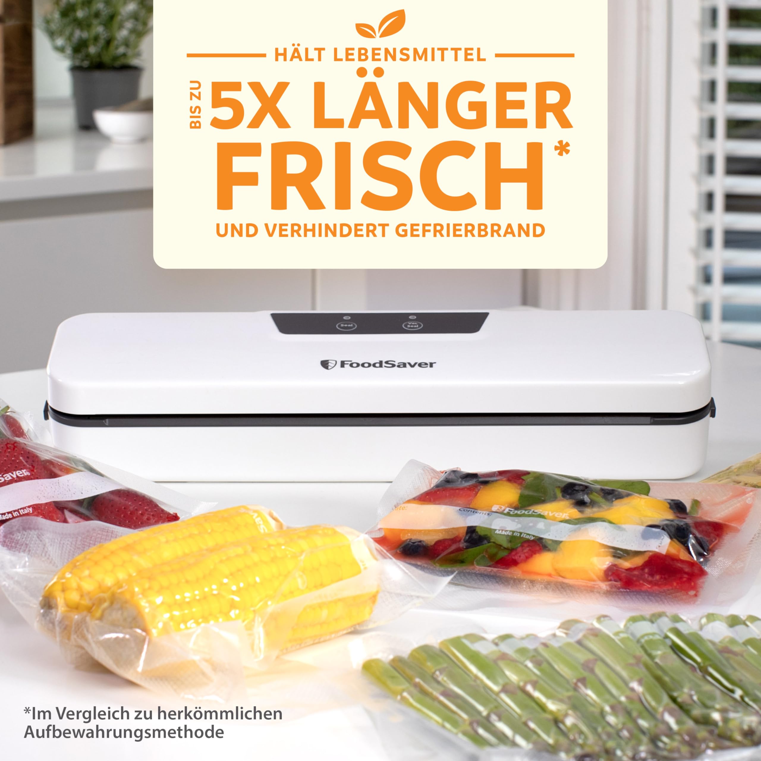 FoodSaver Everyday Vakuumiergerät | hält Lebensmittel bis zu 5X länger frisch | Vakuumierer in kompaktem Design für eine effiziente Aufbewahrung | mit 5 Vakuumierbeuteln (0,94L & 3,78L) | VS0290X
