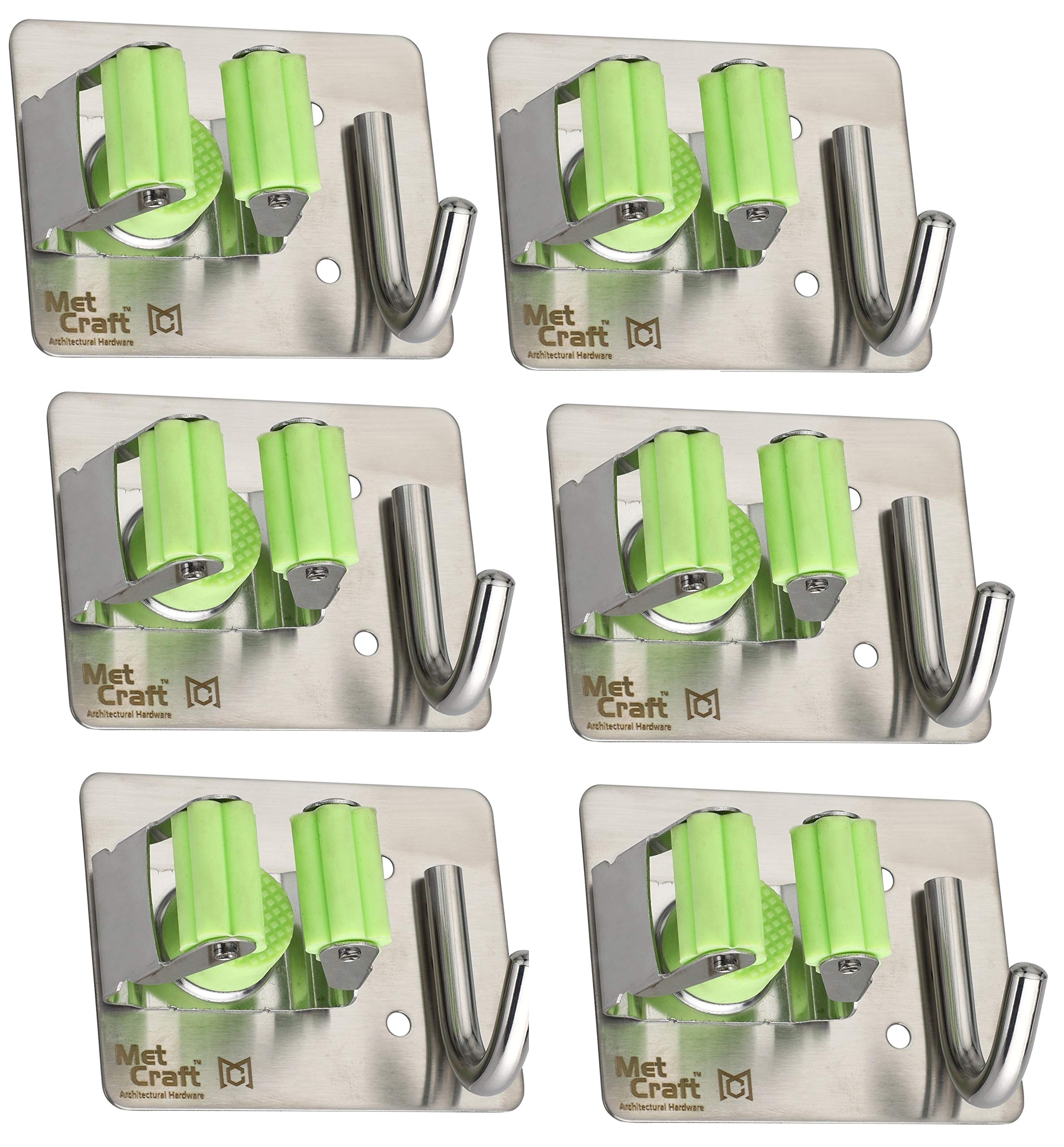 Met Craft Stainless Steel 304 Grade Wall Mounted Single Magic Mop and Broom Holder with Extra Hook and Screws (Pack of 6, Silver-Green)