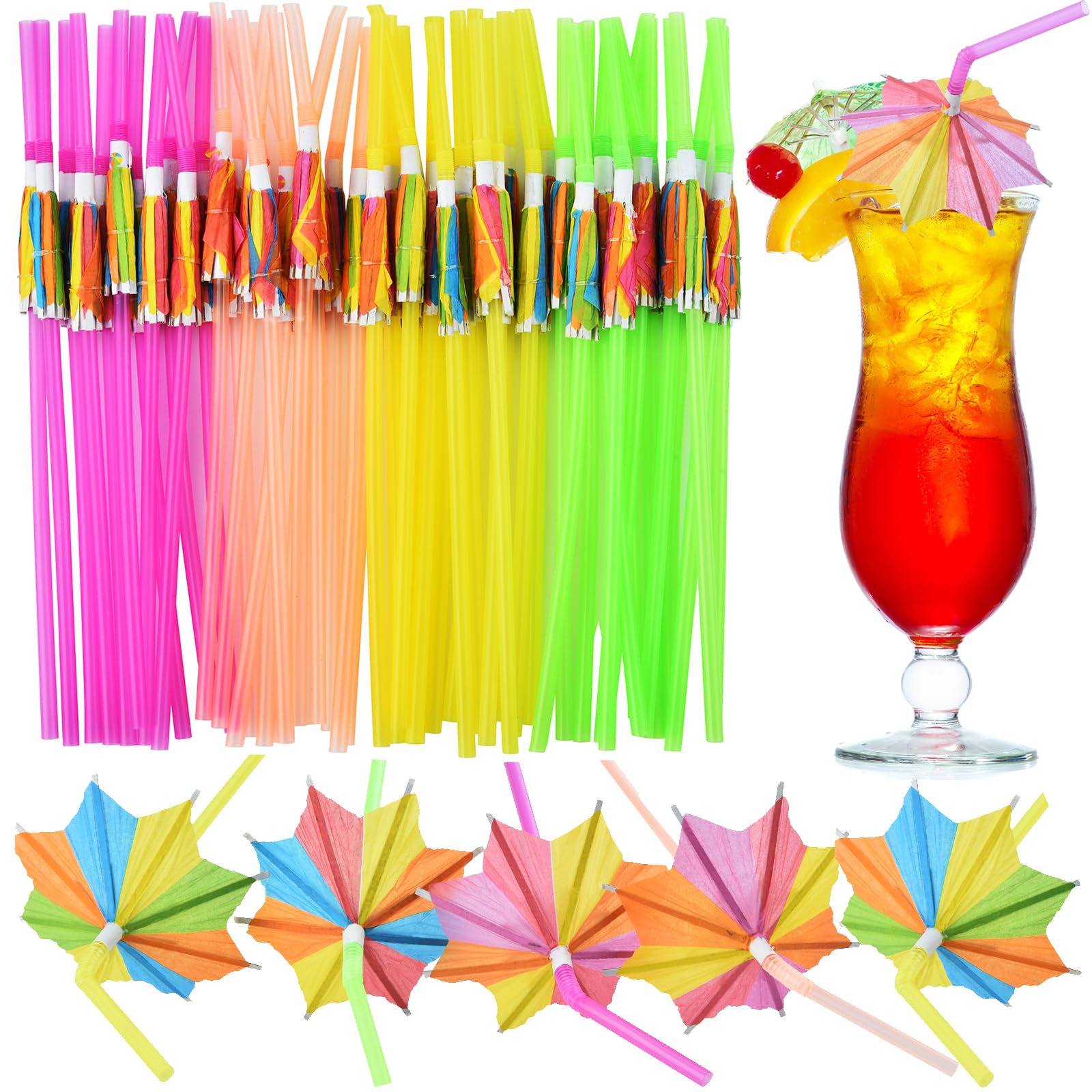 ALINK 50pcs Tropical Umbrellas, Fancy Flower Bar Straws, Beach Luau Tiki Hawaiian Party Decorations - Octagonal