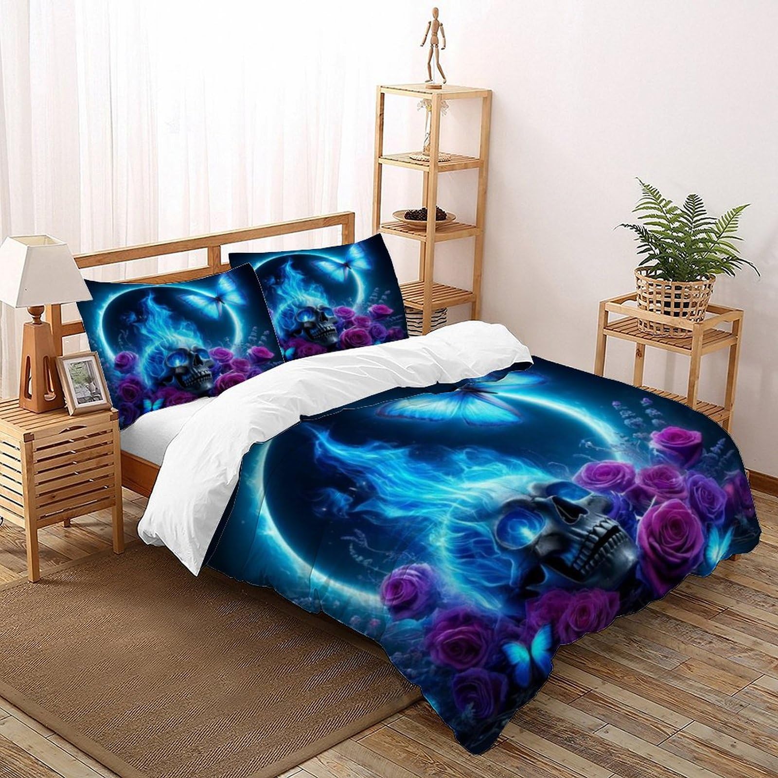 Housse de couette crâne noir 200x200 parure de lit gothique 3 pièces en microfibre pour adulte