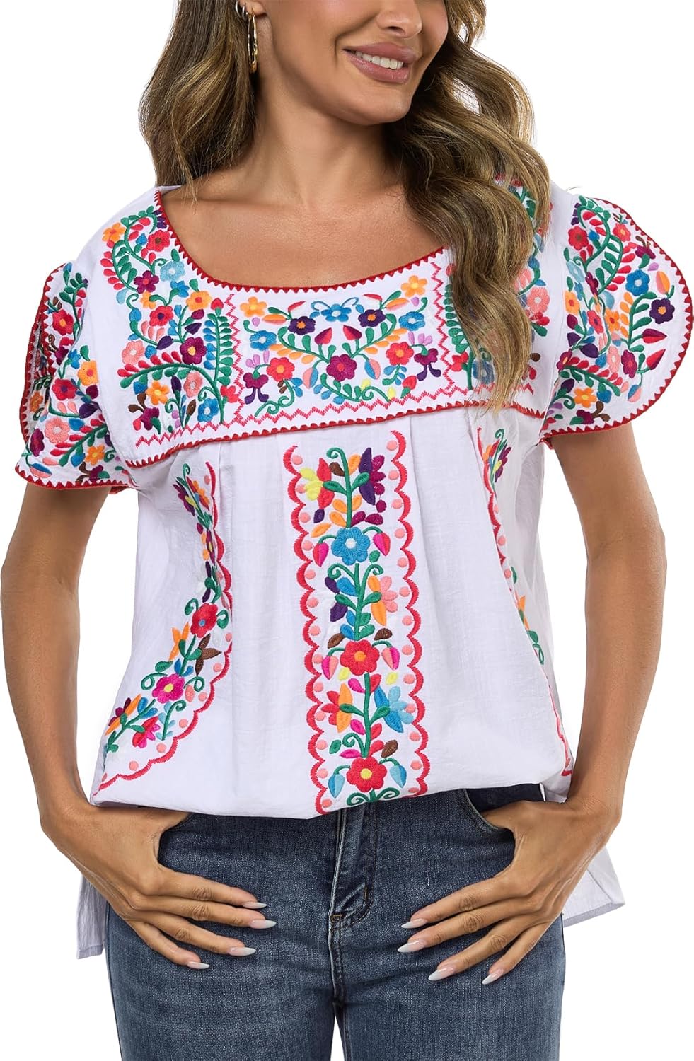 Mexican Shirts for Women Embroidered Tops Traditional Peasant Summer Tunic Blouse - Image 2