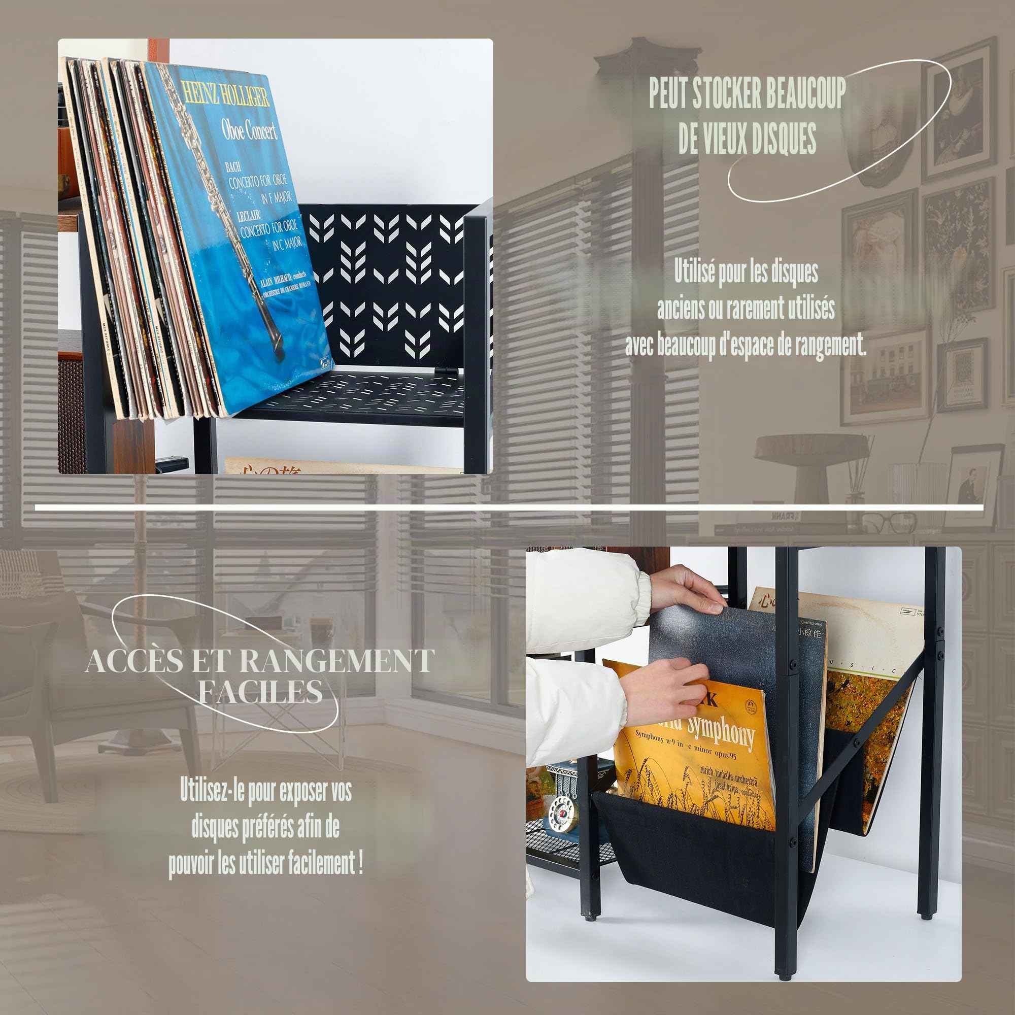 Support de disques vinyle à 3 niveaux, grand plateau tournant noir pouvant contenir jusqu'à 150 albums, armoire stéréo de rangement et étagère de table pour chambre