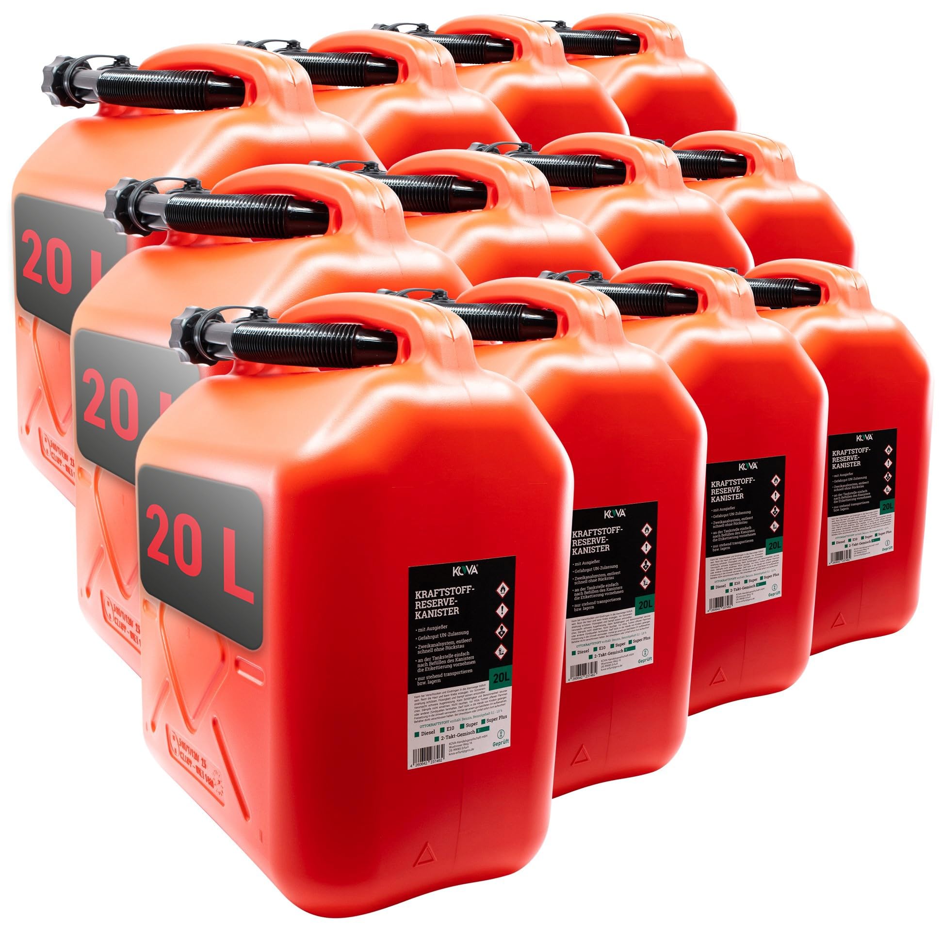 KOVA 12x Benzinkanister 20L ROT Kunststoff Dieselkanister Reservekanister Kraftstoffkanister 20 Liter Wasserkanister für Benzin Diesel Wasser AdBlue 20-Liter-Kanister & Außgießer 20 ltr Petrol Can