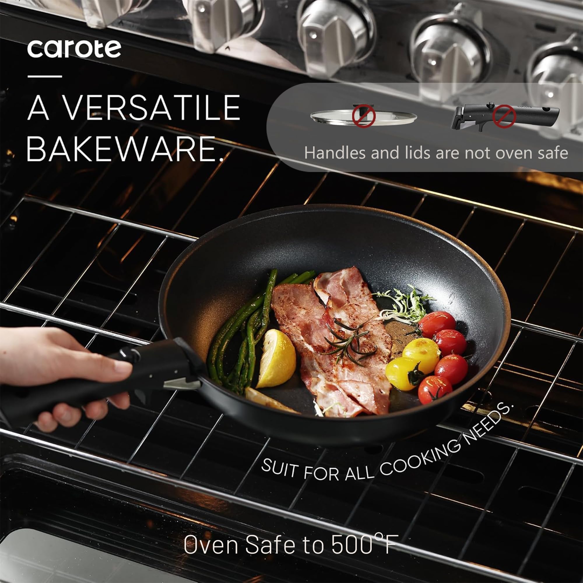 CAROTE Set da 19 pentole e padelle antiaderenti, con manico staccabile, set da cucina a induzione antiaderente con manico rimovibile, adatto per camper, adatto al forno, nero