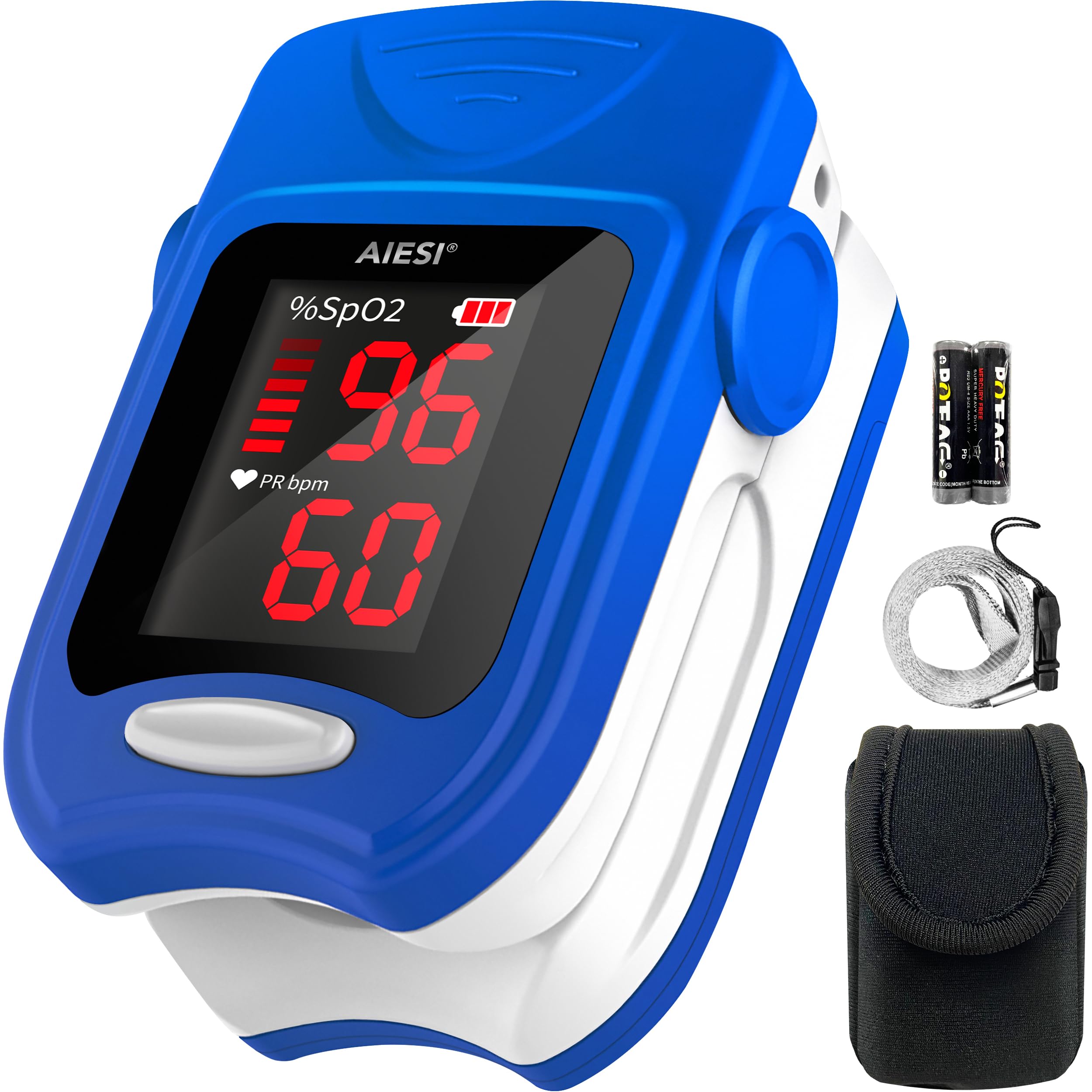 AIESI® Oxímetro de pulso Pulsioximetro de dedo profesional certificado con pantalla LED de alto brillo A1, Pilas, Funda, Manual usuario plurilingüe, Garantía 24 meses