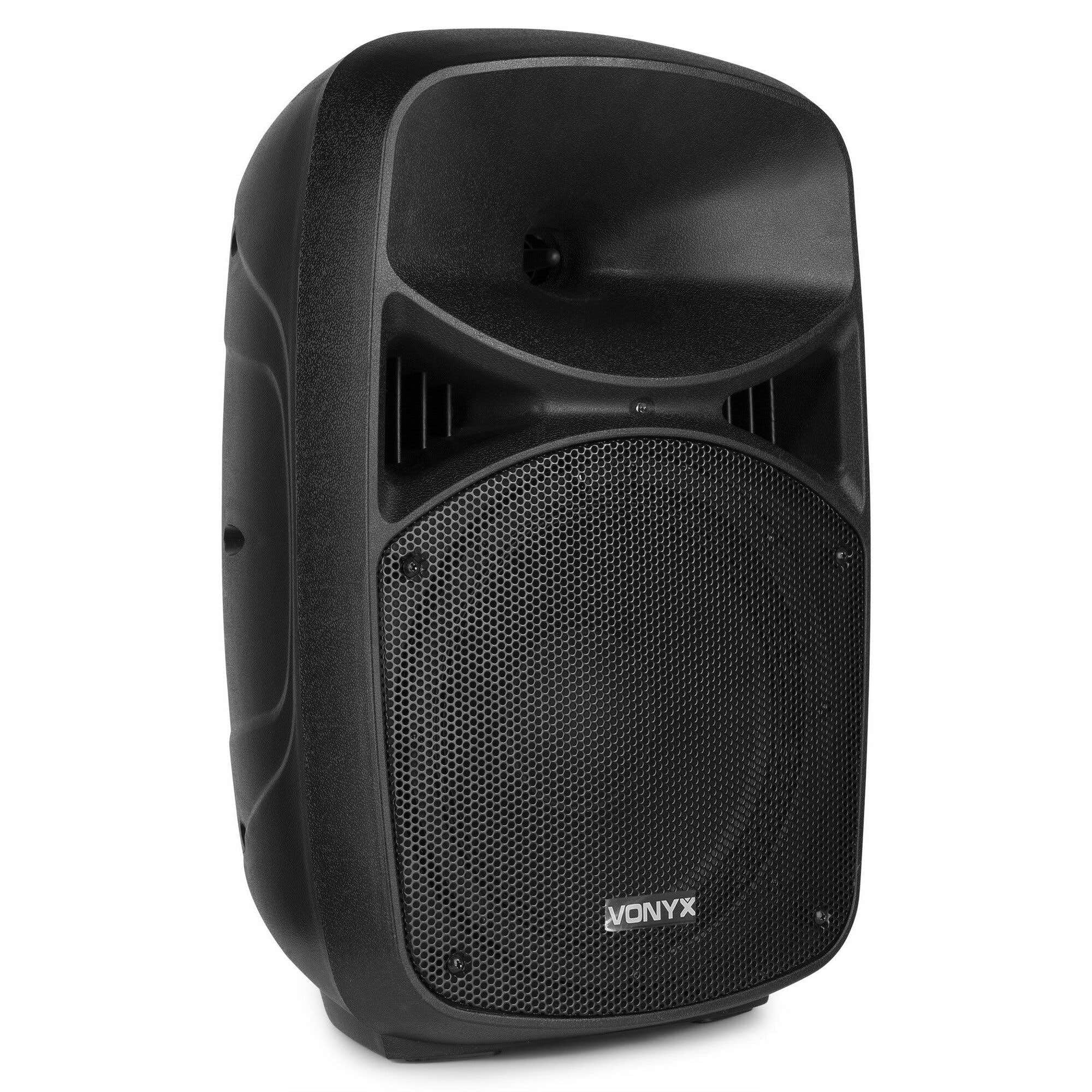 Vonyx VPS102A – Sistema de Sonido Activo 600W con 2 Altavoces 10”, Bluetooth, USB, SD, micrófono, Soportes y LED rítmicos, Altavoz Karaoke portátil Potente para Fiesta y DJ, Color Negro