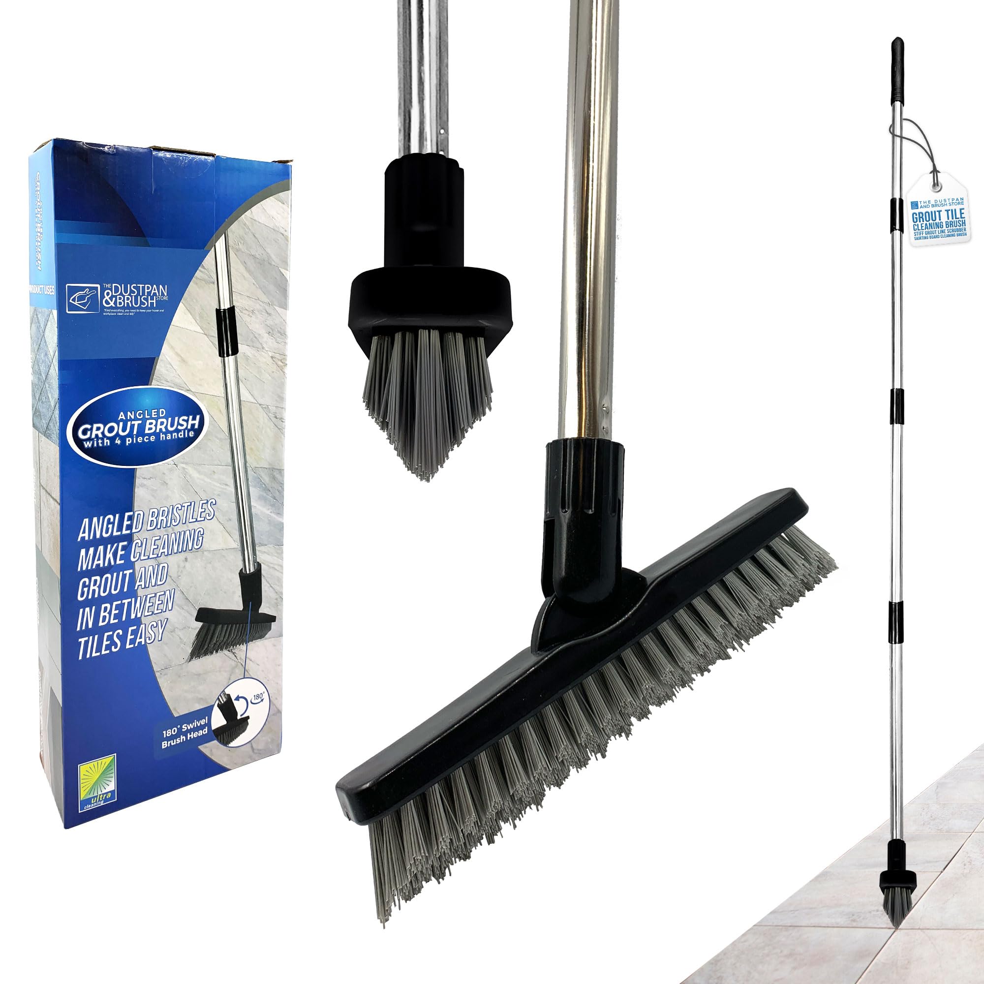 Tdbs The Dustpan And Brush Store Black Angled Grout Cleaning Brush, Stiff Bristle Bath Scrubber Floor Grout Cleaner With 4-Section Metal Handle, Swivel Head Floor Scrubbing Brush With Long Handle For Tiles, Bathroom & Hard-To-Reach Corners