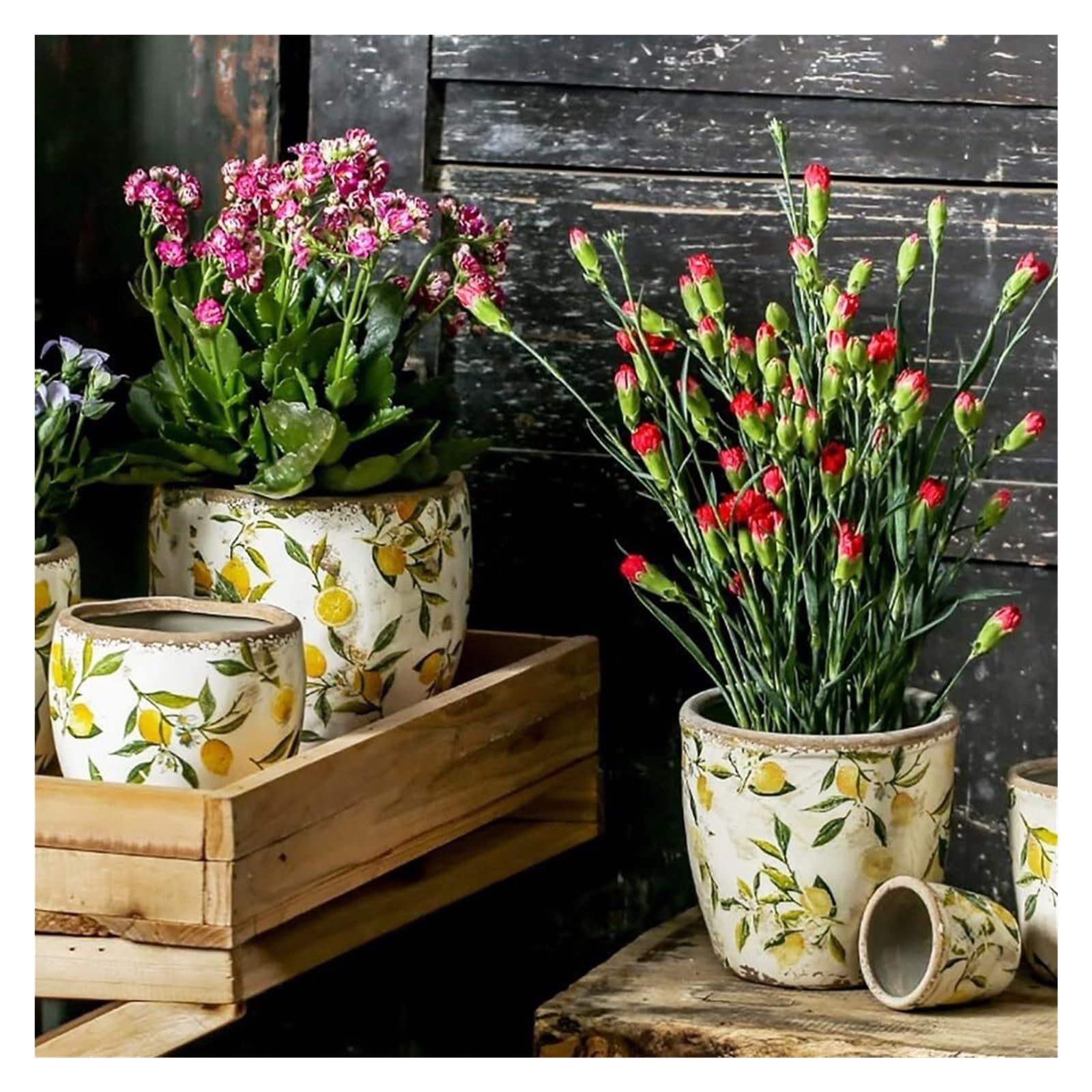 Doniczki na rośliny, ceramiczne doniczki na rośliny ogrodowe i sukulenty. Donice na rośliny z pęknięciami w stylu "used look", prezenty dla miłośników roślin (żółte, z otworem)
