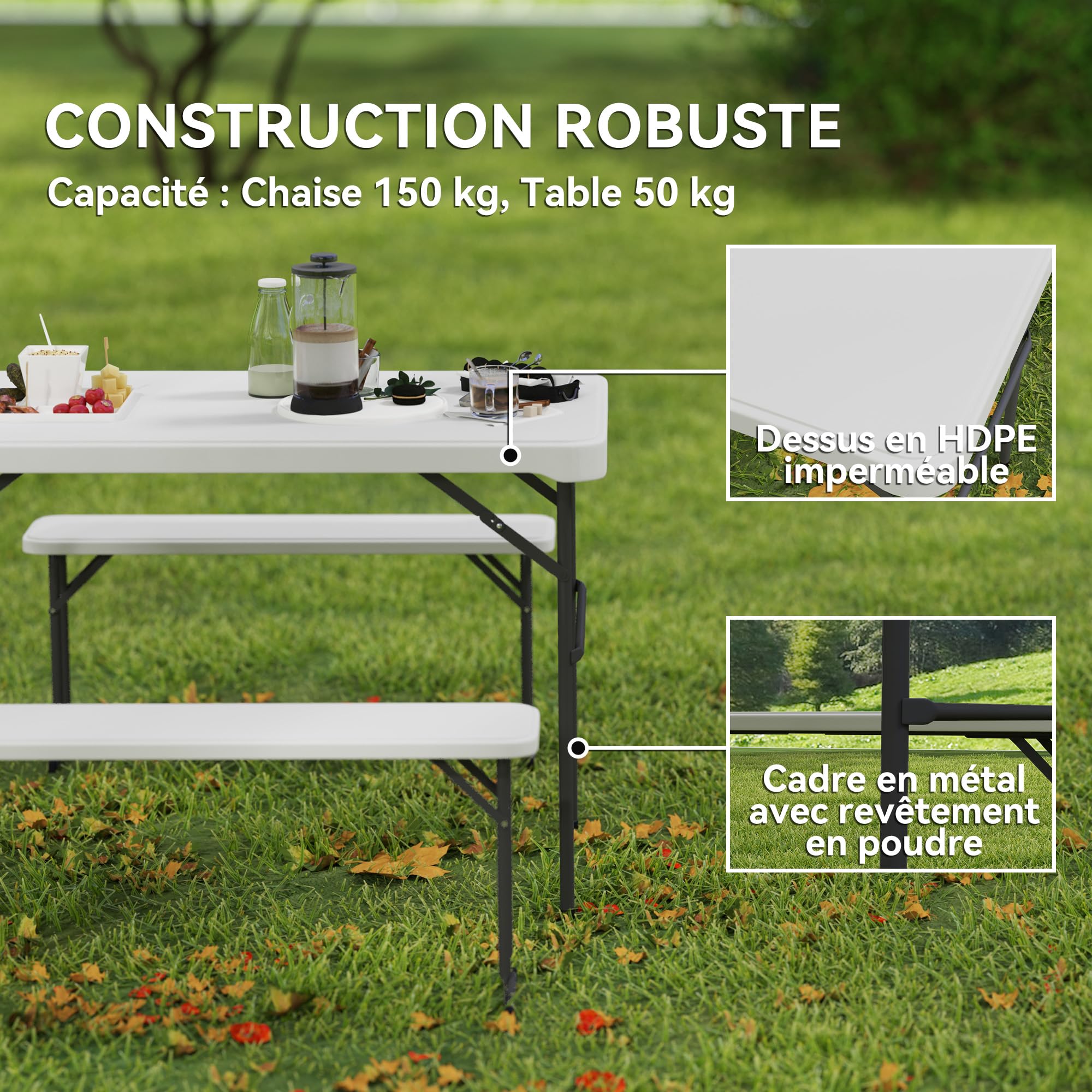 Outsunny Set tavolo pieghevole e panche da picnic 113 cm, tavolo da campeggio pieghevole con sedie portatili con maniglie per il trasporto, pieghevole, grigio chiaro