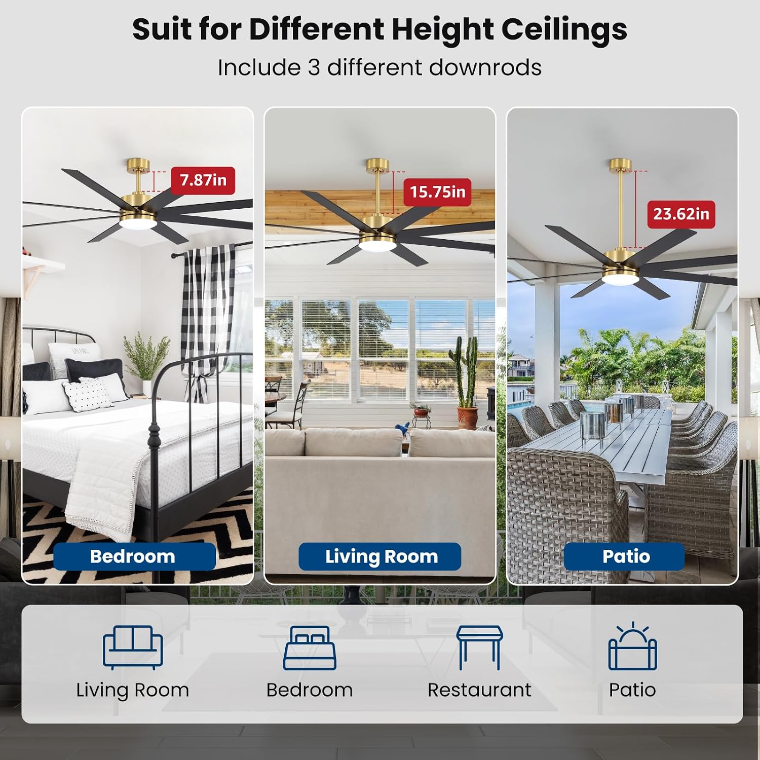 72 Inch Ceiling Fans with Lights and Remote, Dual Color 8 Blades, Living Room Office Library Cafe Indoor Outdoor Industrial, 3CCT Dimmable, 6 Speed Reversible Quiet DC Motor, Gold/Wood Grain