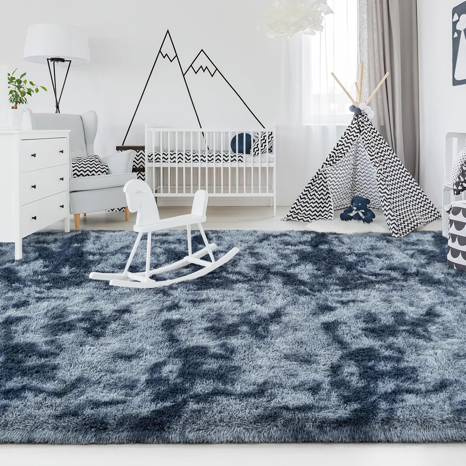 FlyDOIT Large Area Rugs for Living Room, 5x8 Feet Tie-Dyed Blue Grey Shaggy Rug Fluffy Throw Carpets, Ultra Soft Plush Modern Indoor Fuzzy Rugs for Bedroom Girls Kids Nursery Room Dorm Home Decor