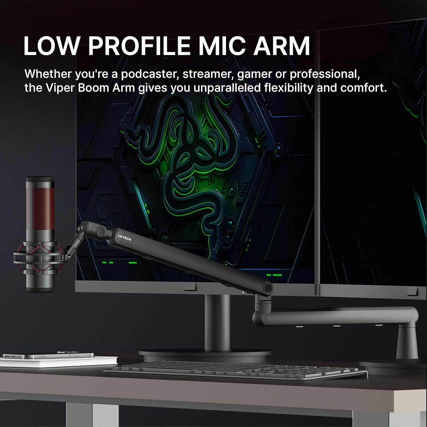 IXTECH Microphone Boom Arm, Low Profile 360° Swivel Mic Boom Arm, Adjustable Microphone Arm with Detachable Rise Column and Built-In Cable Management for Streaming and Recording.