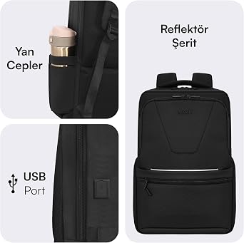 Mack Office Eco MCE-1213 Çevre Dostu 16 inç Su İtici Laptop Sırt Çantası, USB Şarj Portlu Bilgisayar ve Notebook Çantası, Kadın Erkek Bilgisayar İş Çantası, Üniversite Okul Çantası, Siyah