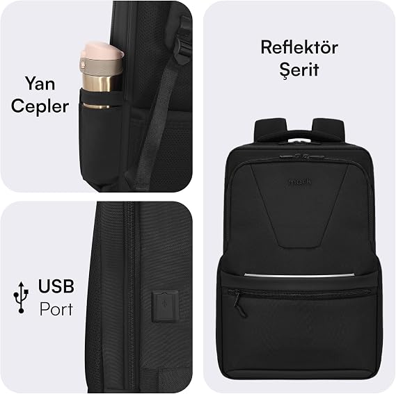 Mack Office Eco MCE-1213 Çevre Dostu 16 inç Su İtici Laptop Sırt Çantası, USB Şarj Portlu Bilgisayar ve Notebook Çantası, Kadın Erkek Bilgisayar İş Çantası, Üniversite Okul Çantası, Siyah