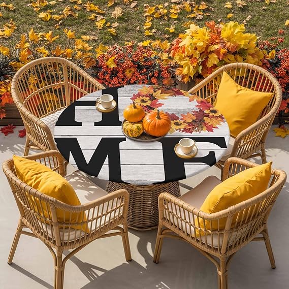 Round Fitted Tablecloth Home Orange Maple Leaf Wreath Watercolor Washable Waterproof Elastic Table Covers for Camping Indoor Dining Table Protector Farm Vintage Wood Board Fits 45-54 Tables