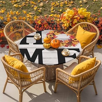 Round Fitted Tablecloth Home Orange Maple Leaf Wreath Watercolor Washable Waterproof Elastic Table Covers for Camping Indoor Dining Table Protector Farm Vintage Wood Board Fits 45-54 Tables