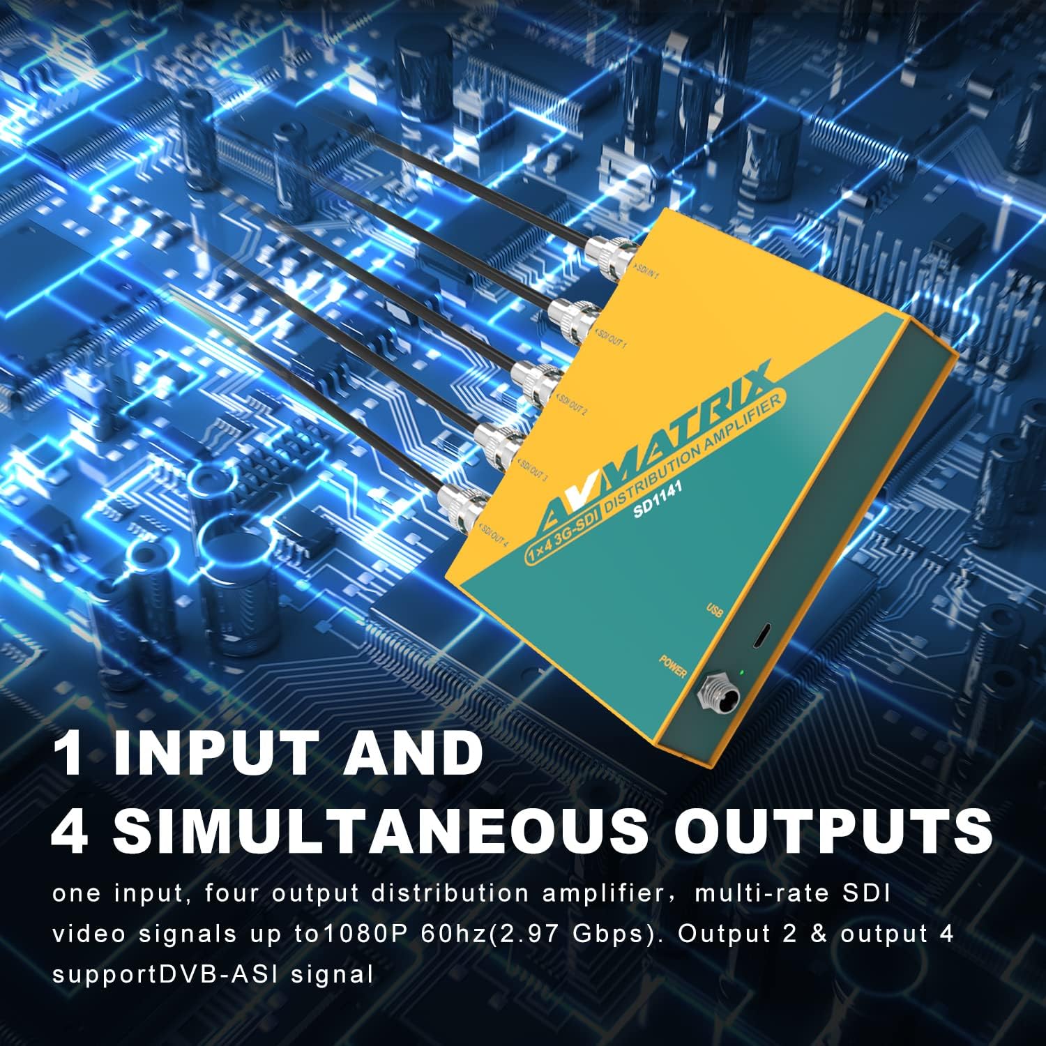 AVMATRIX SDI Splitter 1×4 Distribution Amplifier,3G/HD/SD Supported SDI Formats, Re-clocking, Equalization, Signal Retiming 1080p @60hz SD1141