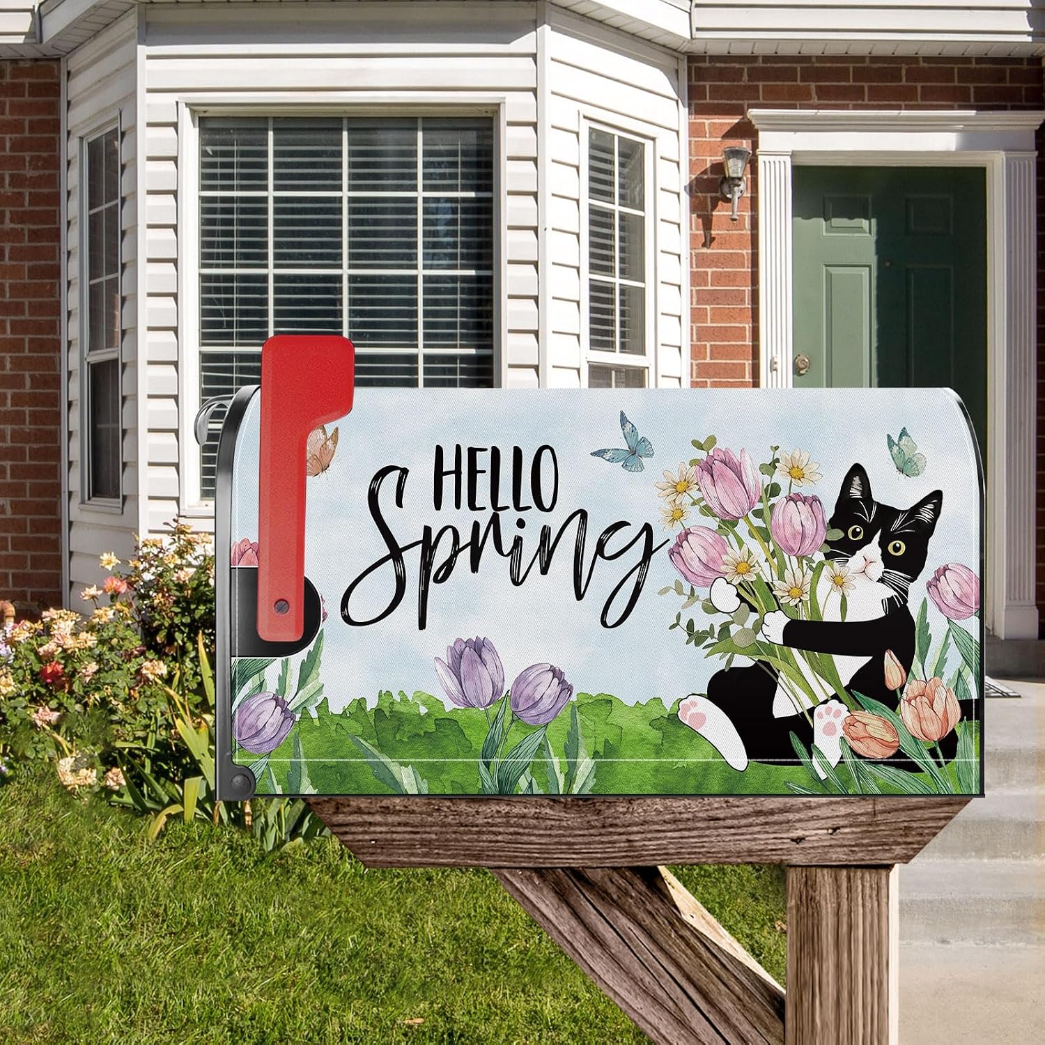 Spring Cat Tulip Floral Mailbox Cover Magnetic Standard Size 21x18 Inch Holiday Decorative Post Letter Box Wrap Decor Garden Yard Decoration image 3