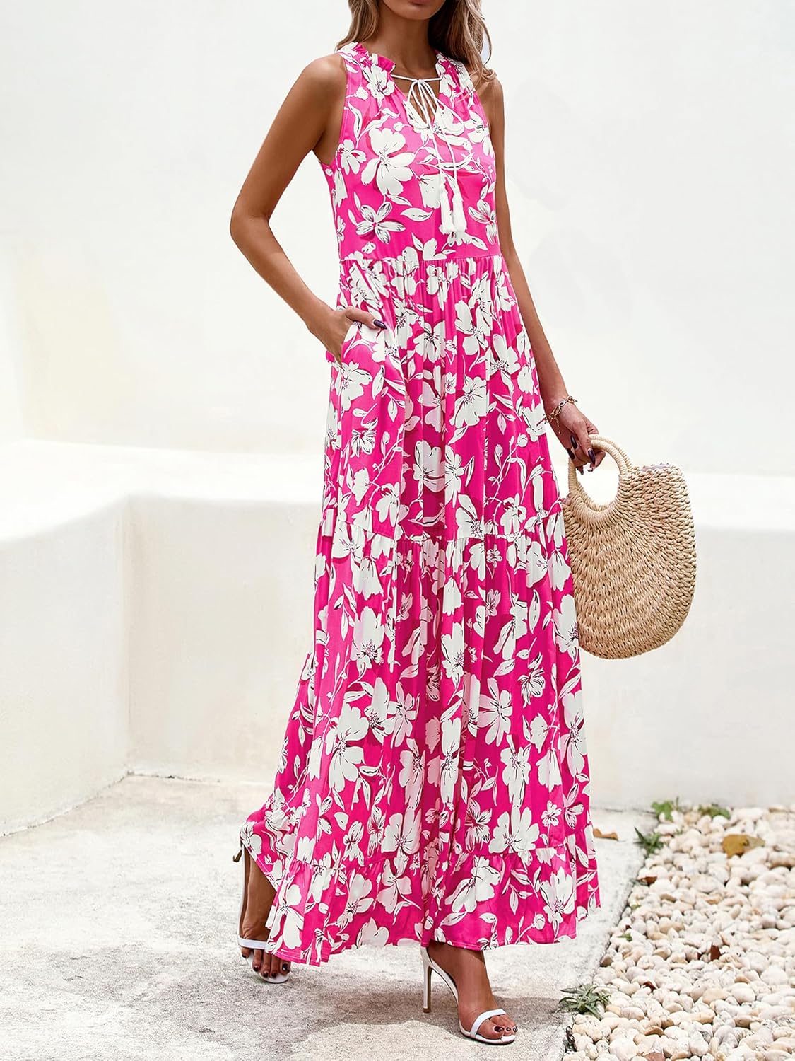 BTFBM Womens Summer Maxi Dresses 2025 Casual Sleeveless V Neck Loose Fit Floral Boho Dress Beach Long Sundress - Image 6