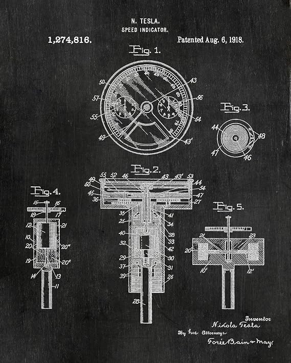 ArtCantHurtU Nikola Tesla Inventions Patent Prints Set of 6 (8x10) Industrial Wall Art Decor Chalkboard Mechanical Engineer Gifts For Men Inventor Electronics Engineering College Students