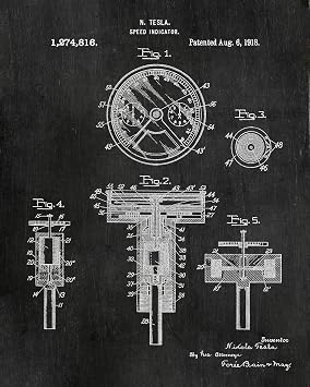 ArtCantHurtU Nikola Tesla Inventions Patent Prints Set of 6 (8x10) Industrial Wall Art Decor Chalkboard Mechanical Engineer Gifts For Men Inventor Electronics Engineering College Students
